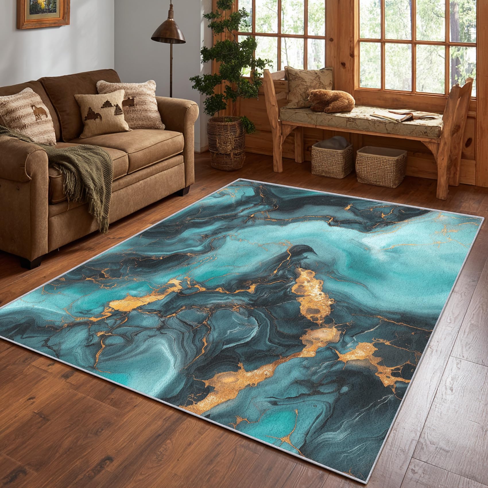 Teal Marble Rug, Modern Teal and Gold Area Rug 140x200cm, Machine Washable Rug for Living Room, Bedroom, Non Slip Soft Carpet, Abstract Marble Home Decor & Gifts D#1211