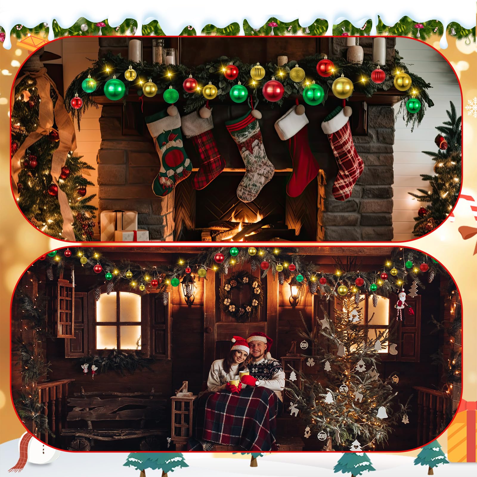 Halloscume Weihnachts-Lichterkette für Flure, Deckenleuchten, Dekorationen, 19,8 m, LED-Lichterkette mit Fernbedienung, 63 Weihnachtskugeln, Ornamente, DIY, Urlaub, Party, Veranda-Dekoration