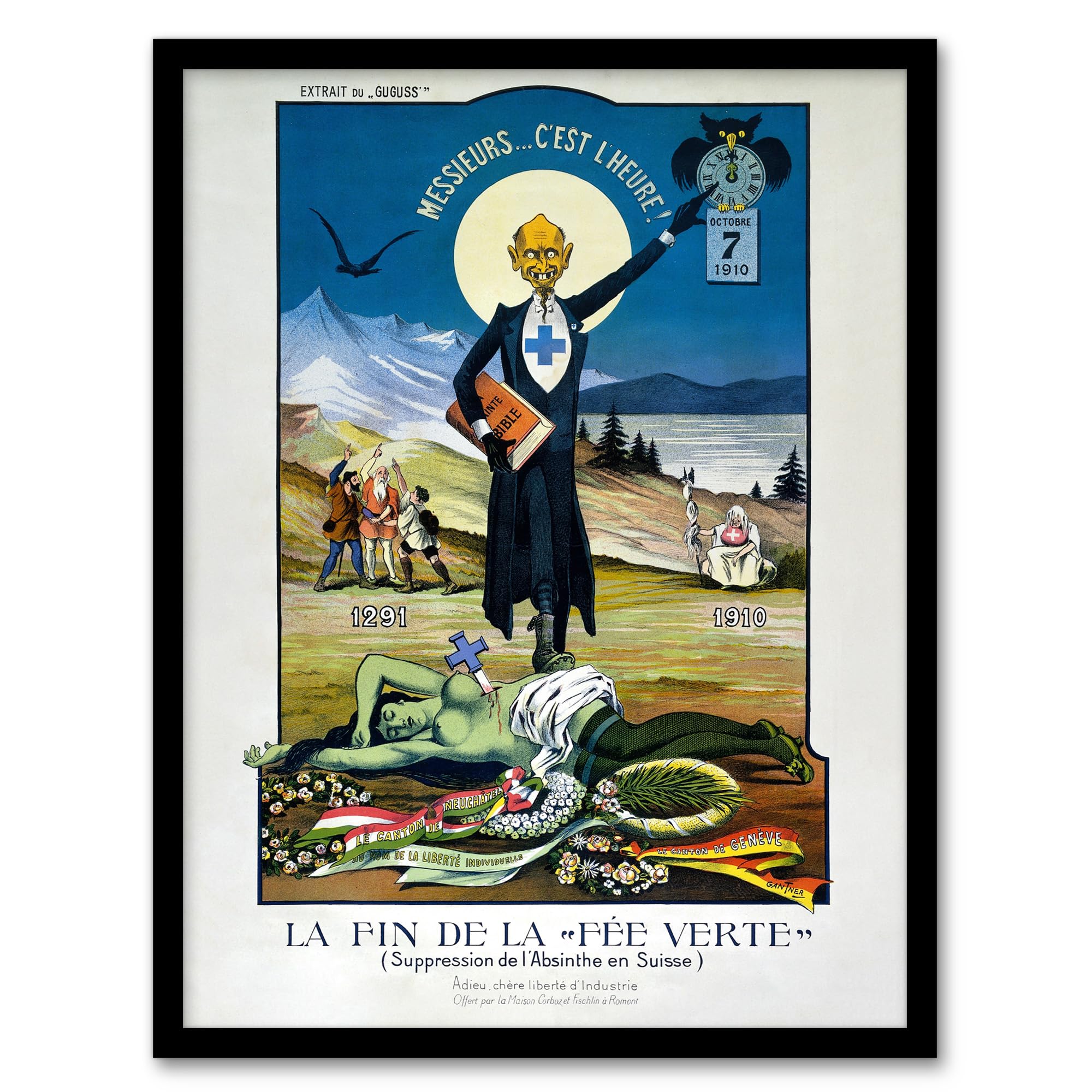Artery8 Swiss Vintage Advert Anti Absinthe Prohibition 1910 The End of the Green Fairy Pub Bar Décor Artwork Framed Wall Art Print A4