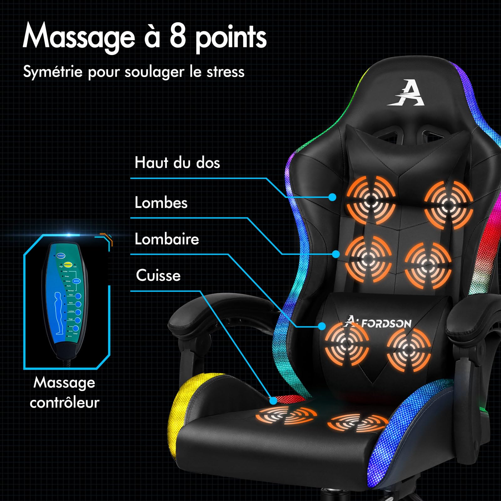 ALFORDSON Chaise de jeu massante avec LED, ergonomique, inclinaison de 150°, repose-pieds escamotable, en similicuir PU, hauteur réglable, capacité 180 kg, Noir