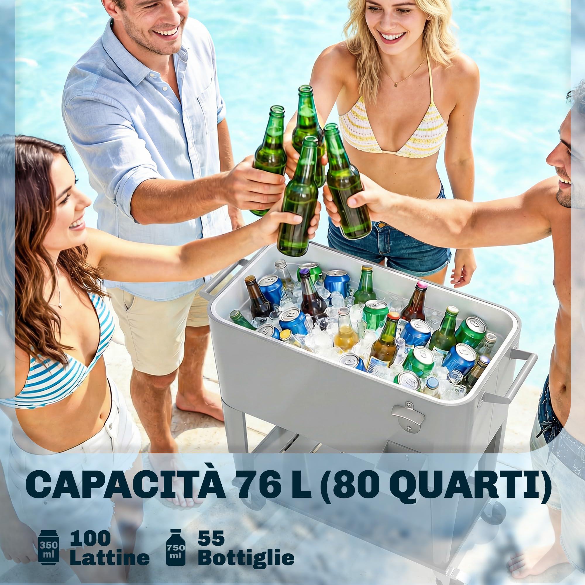 Outsunny Ghiacciaia da Giardino 76L, Carrello Portavivande con Ripiano, Apribottiglie, Ruote Bloccabili, Argento