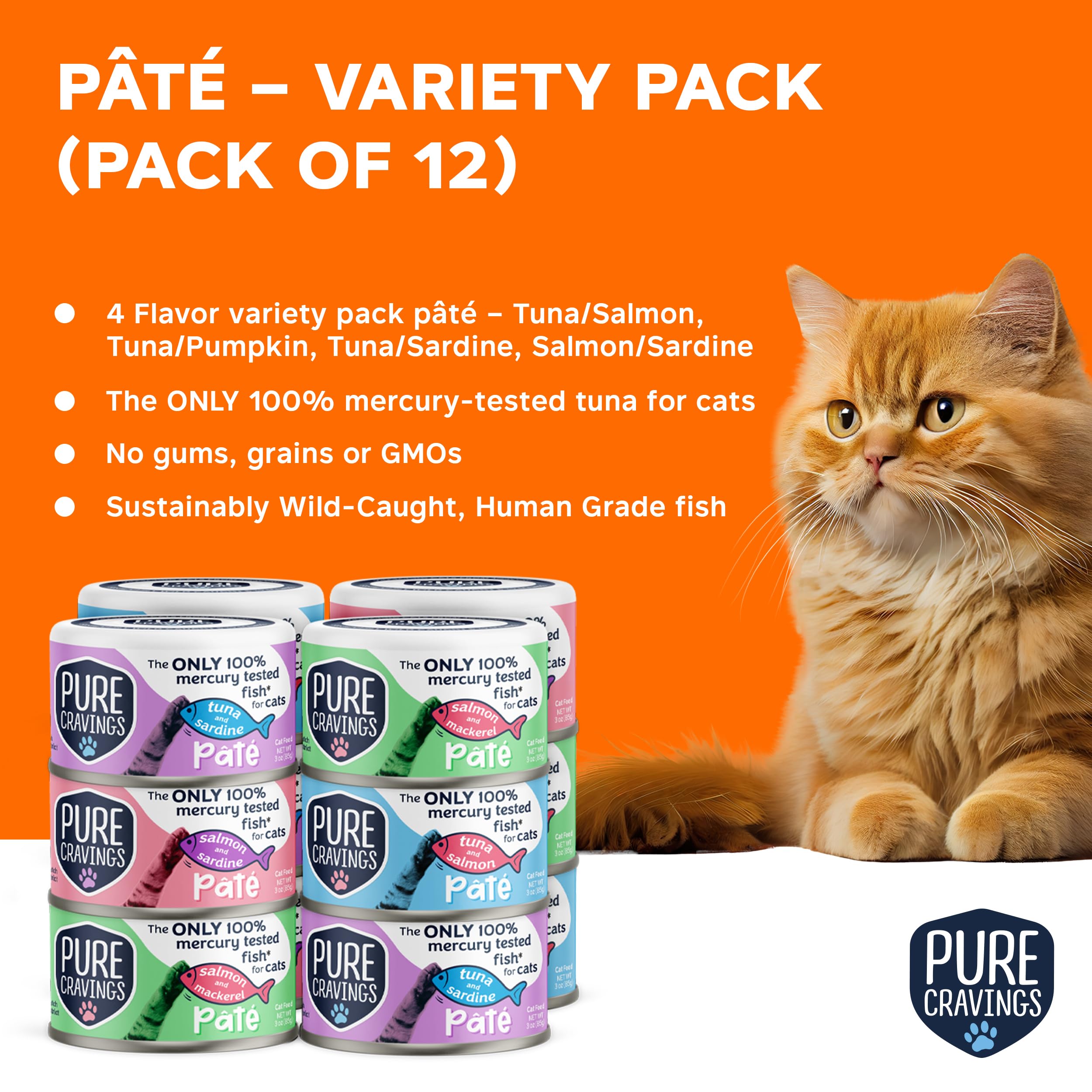 Pure Cravings Pate, Canned Wet Cat Food, 100% Mercury-Tested, Moist Can Fish, Grain-Free Protein, Non-GMO, Variety Pack of 12-3X Tuna/Salmon, 3X Tuna/Pumpkin, 3X Tuna/Sardine, 3X Salmon/Sardine