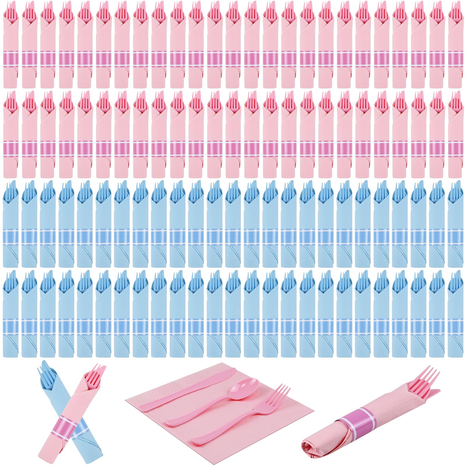 Photo 1 of 100 Pack Pre Rolled Blue Plastic Cutlery Set with Paper Napkins, Blue Pre Rolled Silverware Set Disposable for Wedding, Party, and Event, Pre Wrapped Plastic Utensils with Napkins for Baby Shower