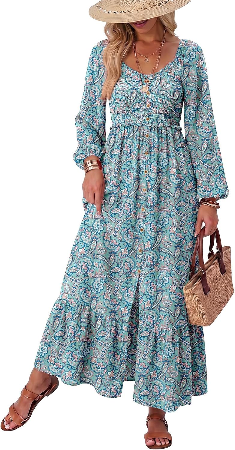 Dokotoo Womens Dresses Boho Floral Smocked Empire Waist Square Neck Long Sleeve Button Maxi Dress Beach Vacation Sundresses