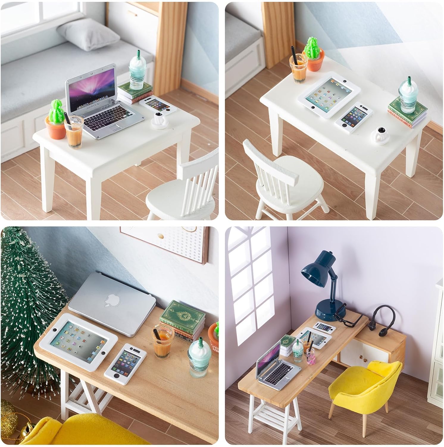 12Pcs Dollhouse Miniature Laptop Computer Tablet Phone Lamp Book Glasses Coffee Headset Simulation Accessories 1/12 1/6 Toy Pad Play Set Fits Barbie Doll Girl Mini Drink Party Office (Bule)