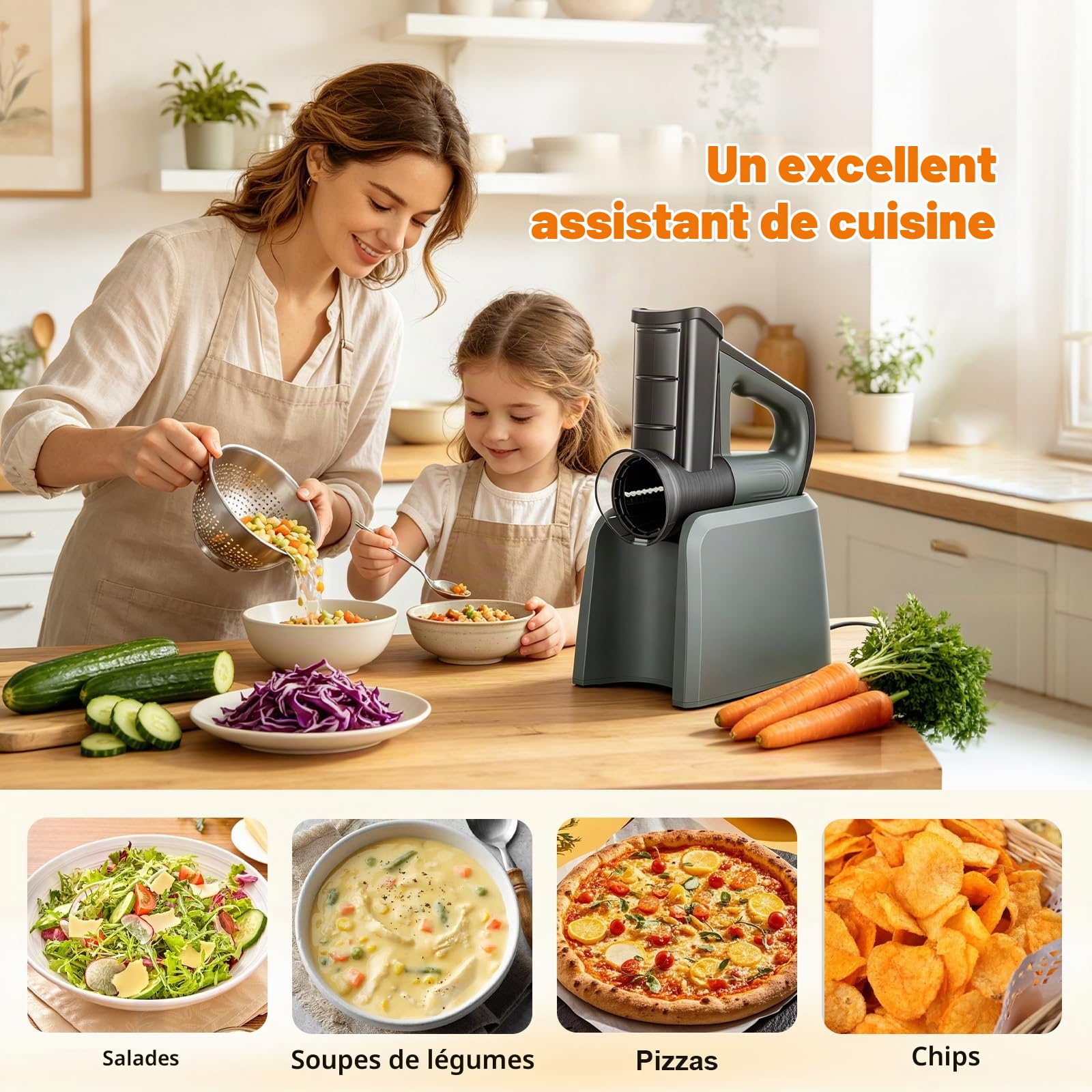 Rapeuse légume électrique 5-en-1, Mandoline et Coupe-légumes avec râpe Carotte, Découpe légumes Multifonction avec 5 Lames interchangeables, pour Fruits, Fromage et Pommes de Terre