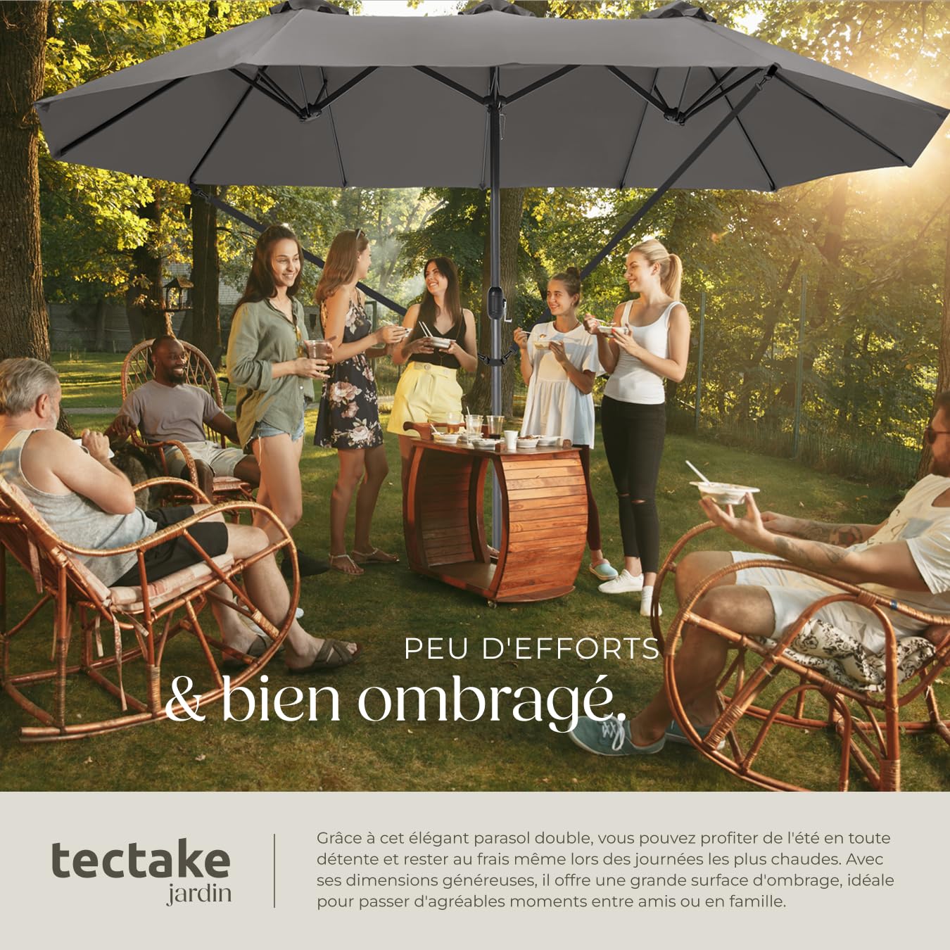 tectake® Parasol de Jardin Exterieur Parasol Double Rectangulaire à manivelle Cadre en Aluminium avec 1 Mât 460 x 270 x 241 cm, Protection UV 50+, Résistant au vent, pour Salon de jardin