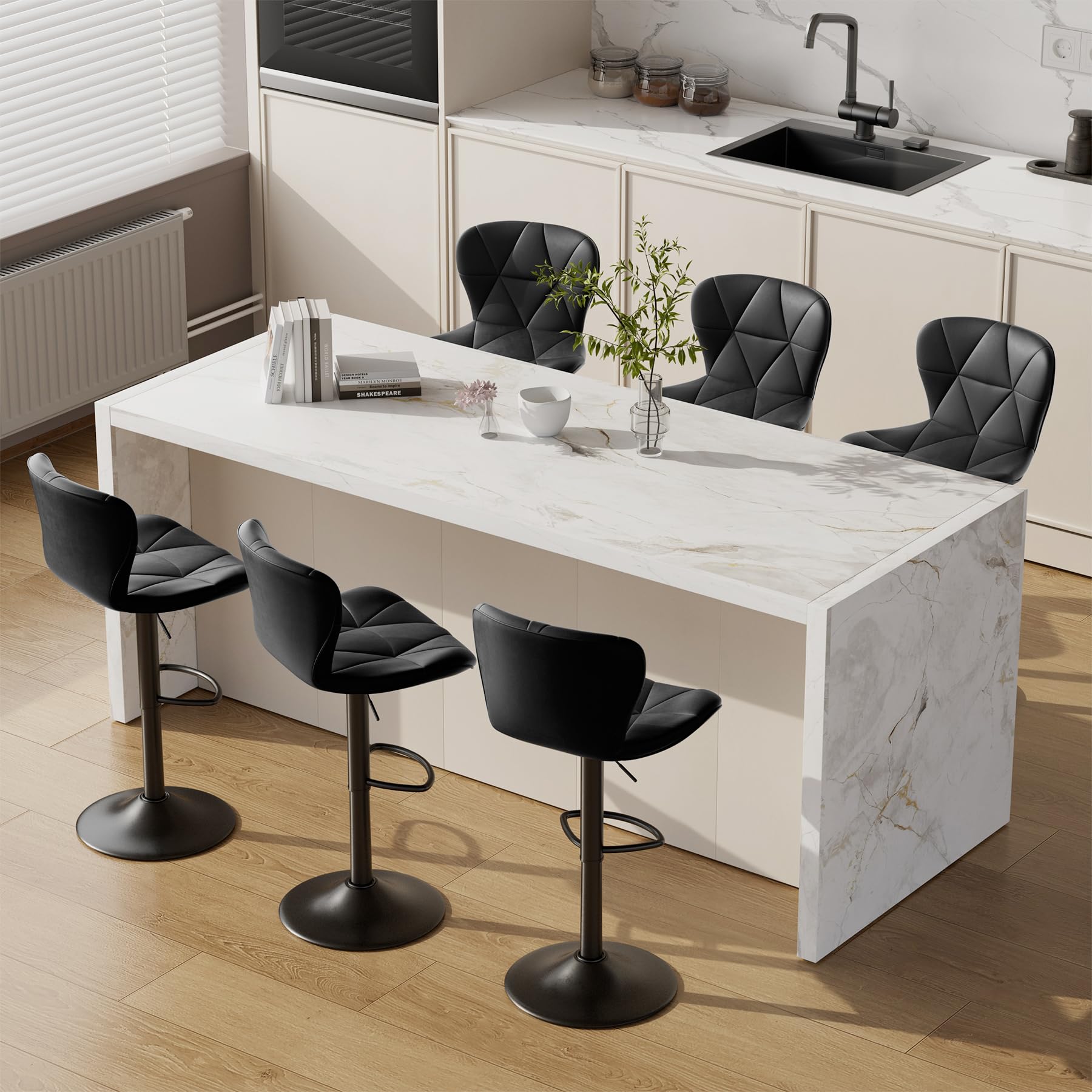 Nebuaegis Bar Stools Set of 6, Modern Faux Leather Adjustable Swivel Barstools, Counter Height Chairs with Back and Footrest for Kitchen Island, Black