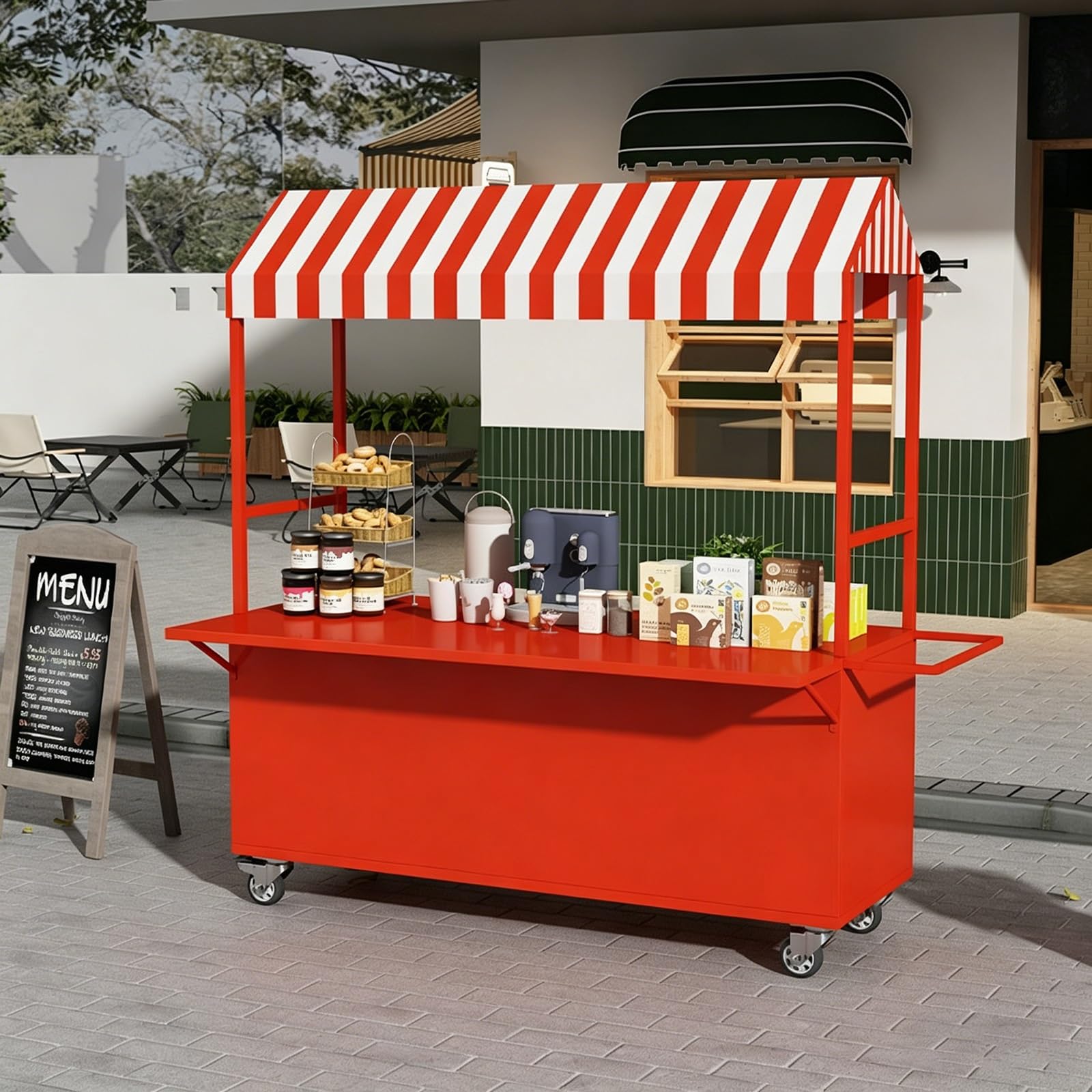 Carrello portatile per alimenti con ruote, carrello da esposizione per venditori esterni con tettoia le Food nd per mercati ed eventi di strada, 140 cm / 55.1in, perfetto per catering e festival