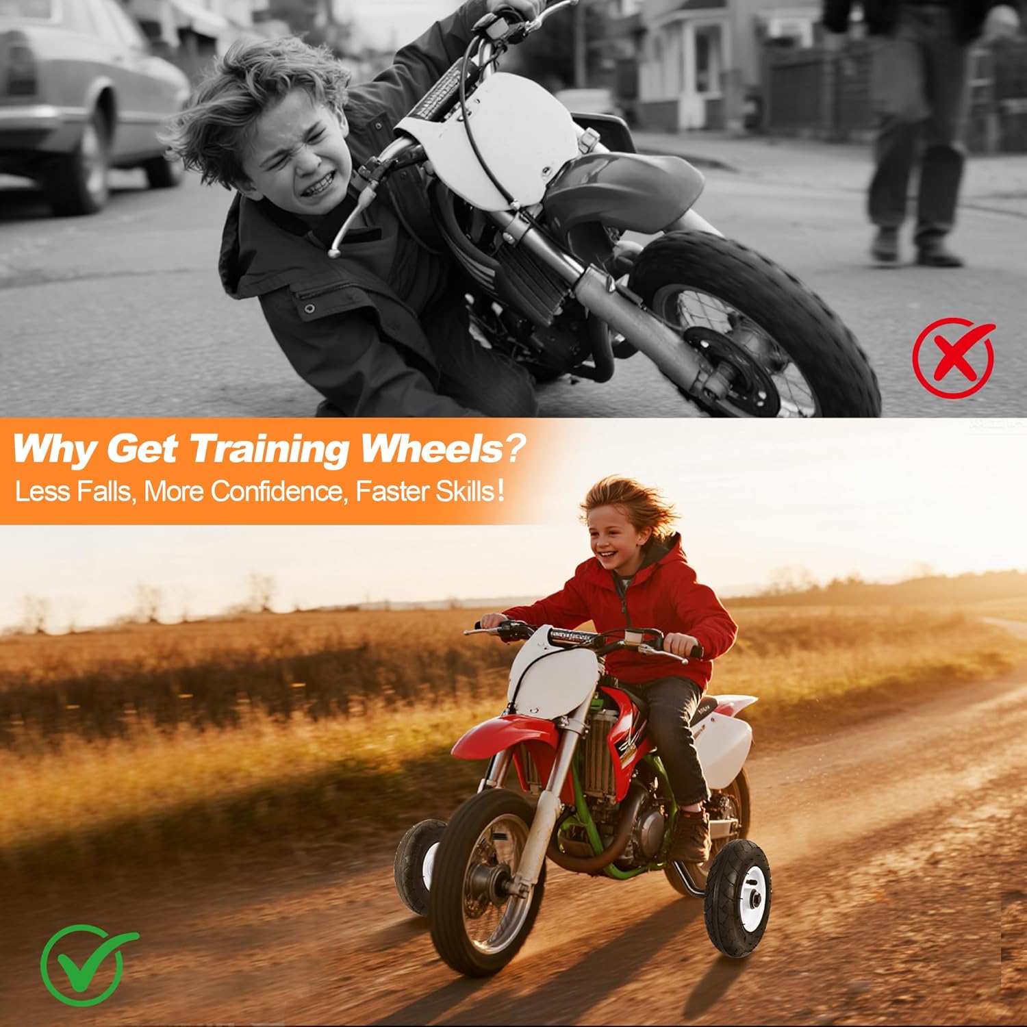Dirt Bike Training Wheels, Universal Fit Electric Dirt Bike Razor MX125 MX350 MX500, Most 50CC Motorcycles Yamaha PW50 TTR50 and Honda CRF50 XR50 Z50,Adjustable Height Training Wheels for Beginners