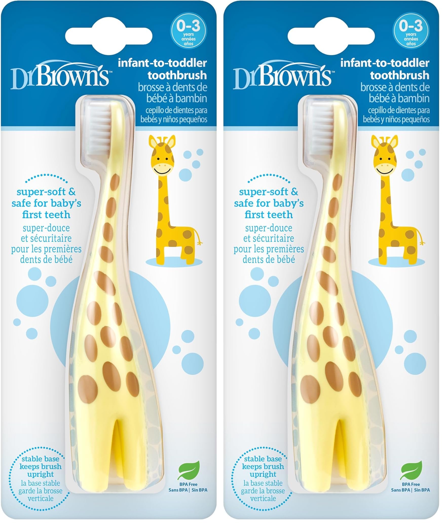 Dr. Brown's Infant-to-Toddler Training Toothbrush, Soft for Baby's First Teeth, Giraffe, 0-3 Years (Pack of 2)