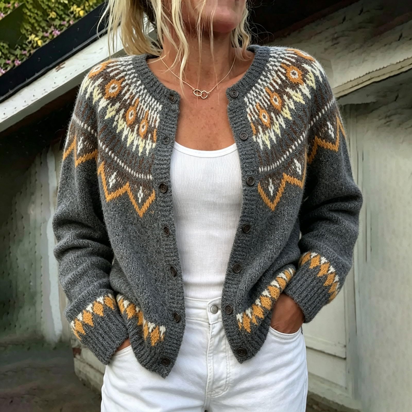 Cardigan da donna UK retrò stampa etnica maglione button down maglioni