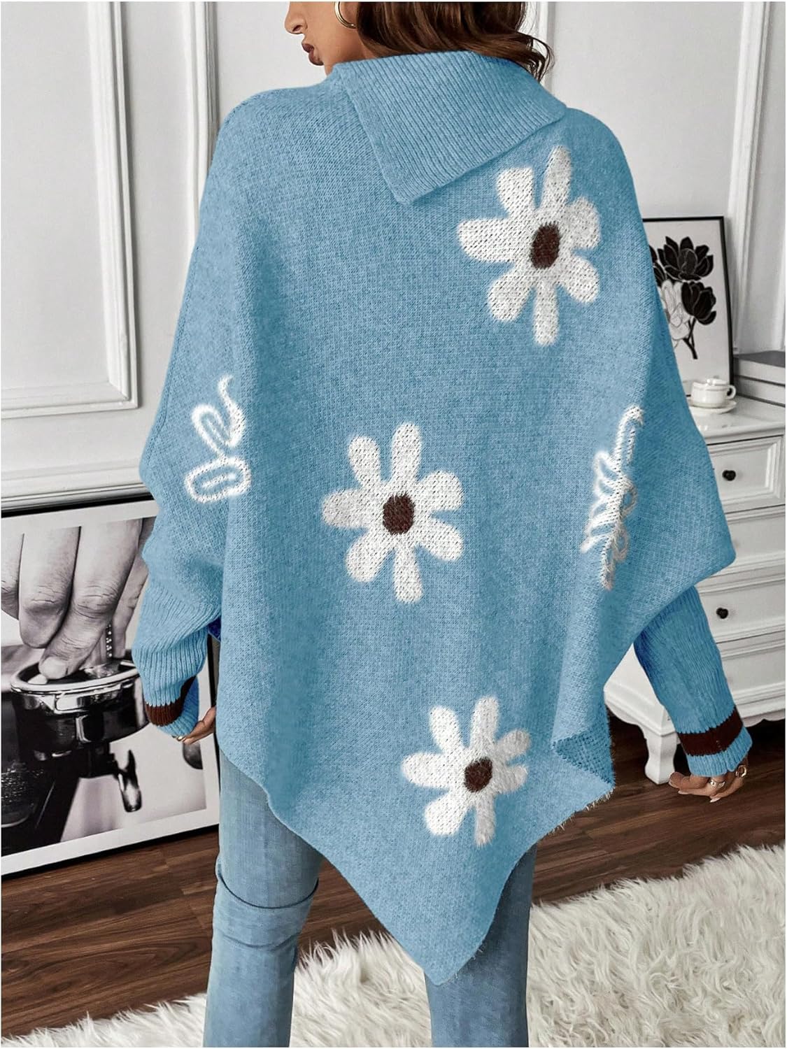 Women's Floral Poncho Sweater Long Sleeve Turtleneck Chunky Oversized Sweater Trendy Fall Winter Pullover Top