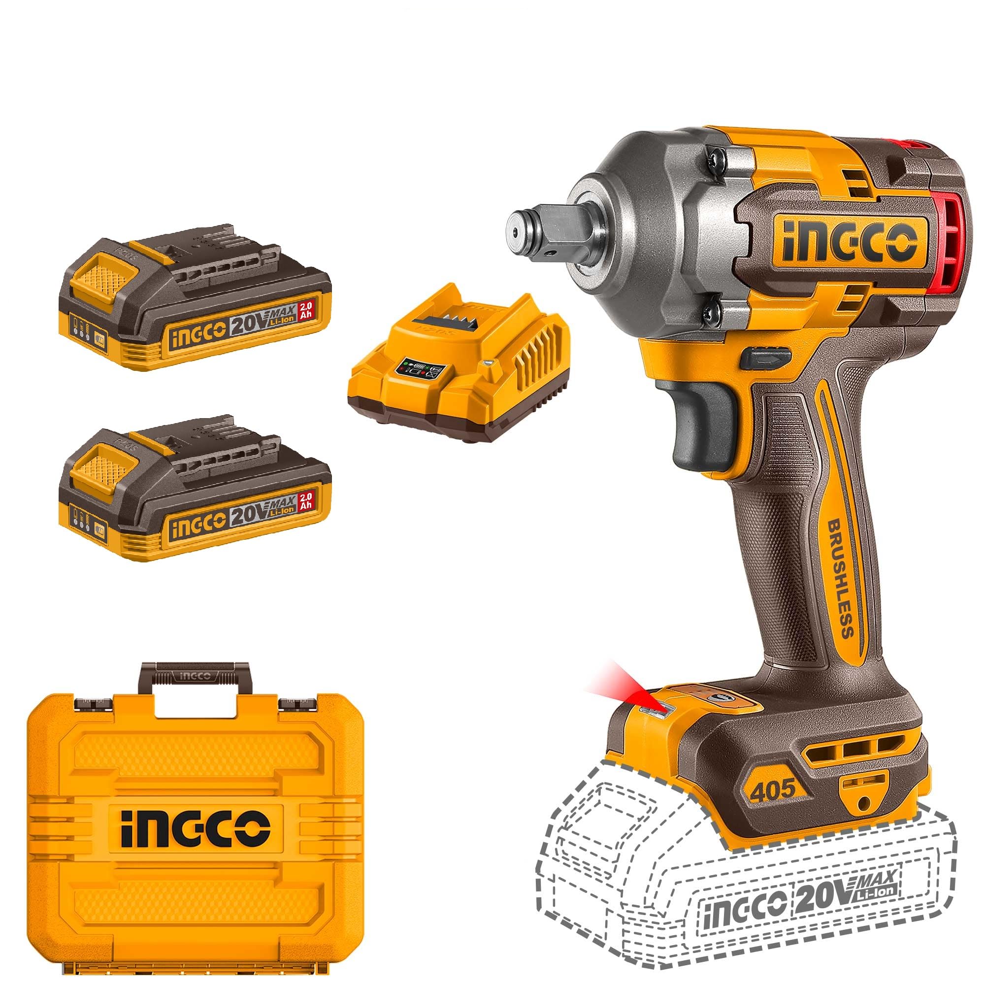 Ingco 20V Cordless Impact Wrench 405NM, Brushless Motor, 3-Speed Adjustment 2400RPM, LED Work Light, With 2Pcs 2.0Ah Battery And 1Pcs Charger, Packed by Carrying Case-picture-20