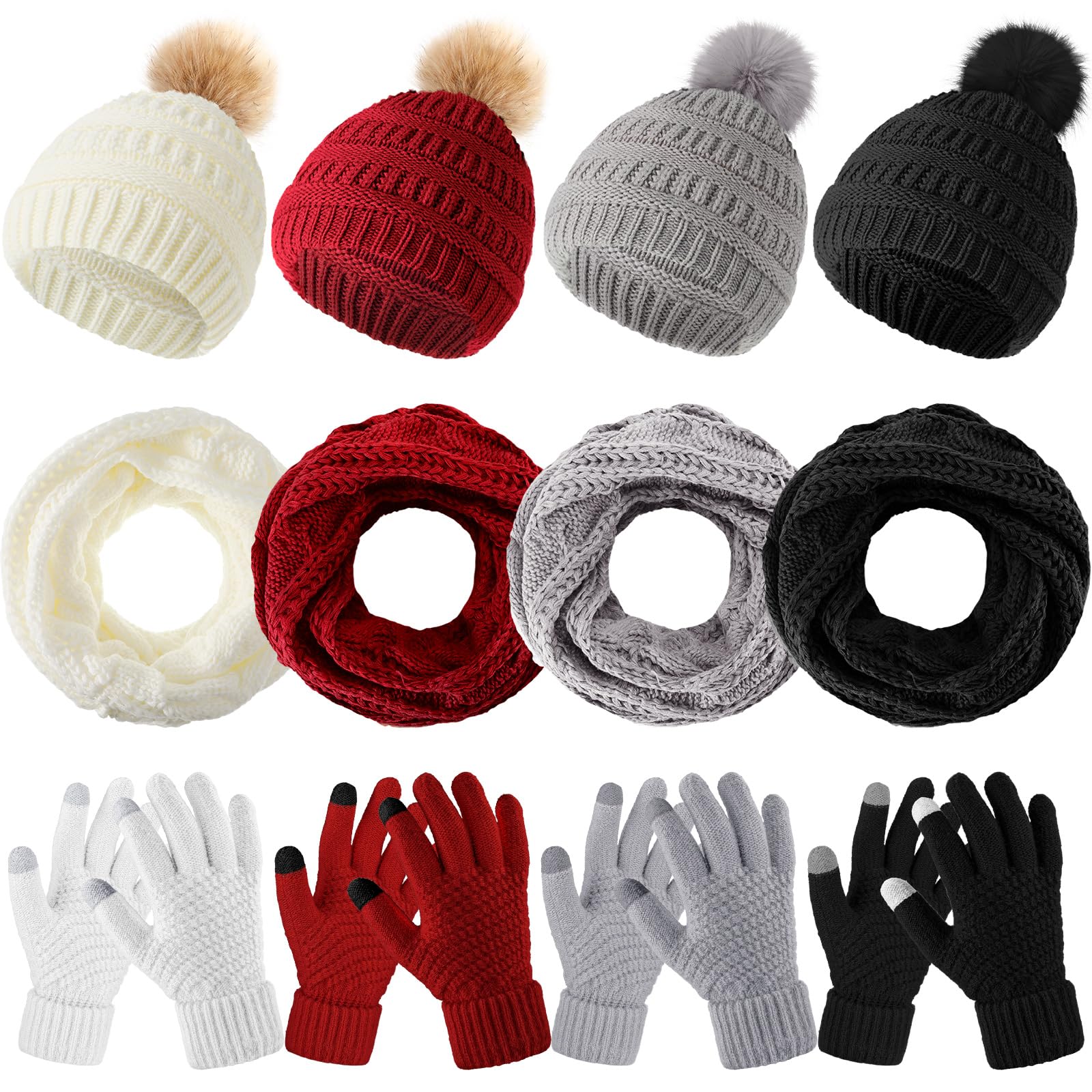 Liitrsh Juego de 12 gorros de invierno para mujer, gorro, bufanda, guantes de punto, calentador de cuello, guantes para pantalla táctil, cómodos, suaves y cálidos