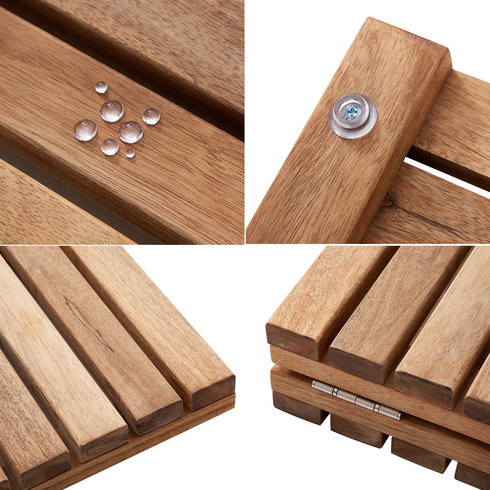 Foldable Acacia Wood Shower Mat, Non Slip Waterproof Bath Floor Mat