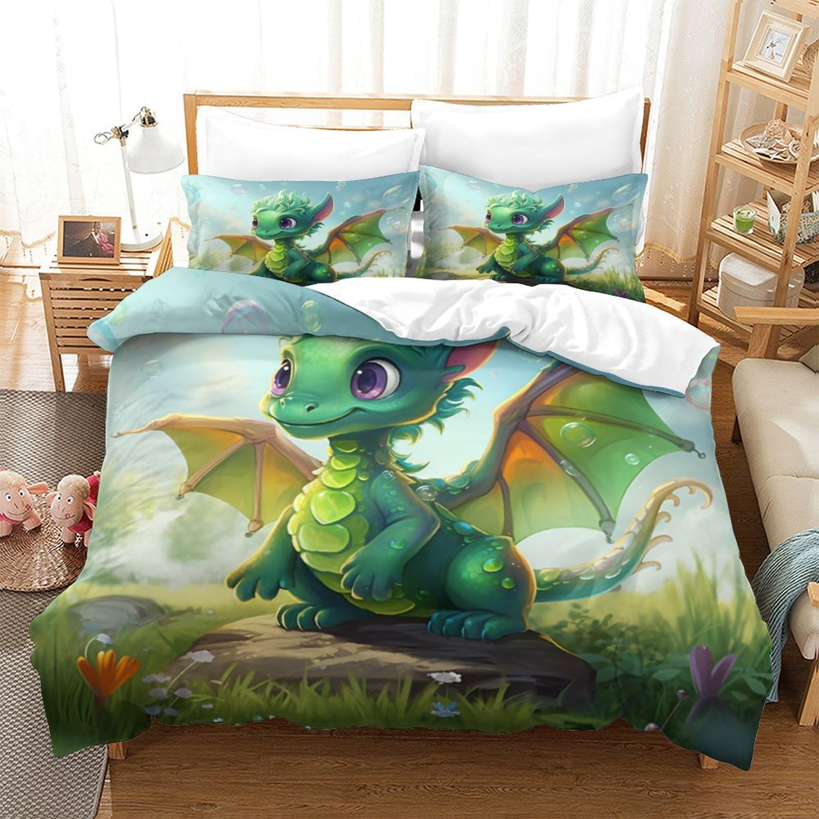 Housse de couette 260x220 dinosaure respirante avec taies d'oreiller