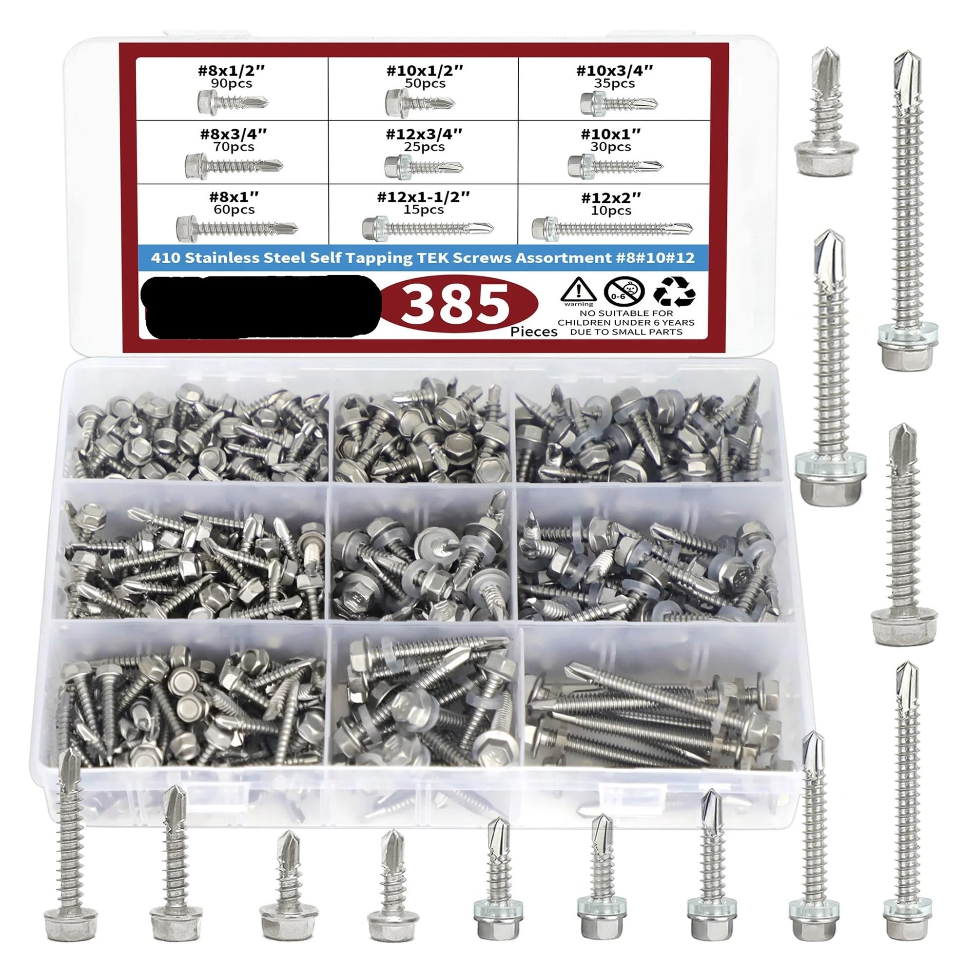 Kit assortimento di viti autofilettanti Tek in acciaio inossidabile 410 da 385 pezzi, include misure n. 8, n. 10 e n. 12, for progetti industriali e fai da te.
