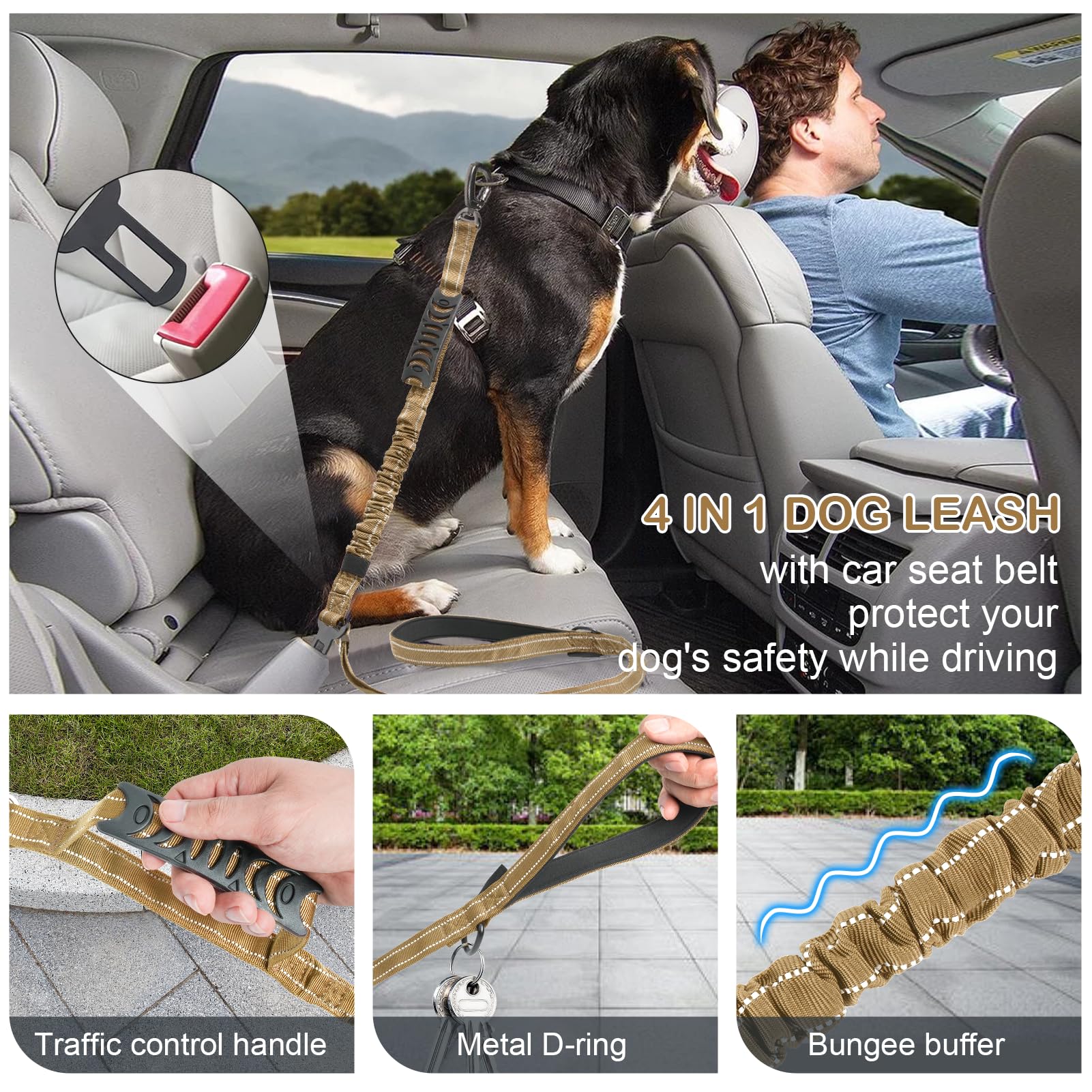 Correa táctica resistente para perro, correa elástica para perro de 4 a 6 pies, reflectante militar, fuerte, sin tirones, con 2 asas acolchadas y cinturón de seguridad de coche para perros