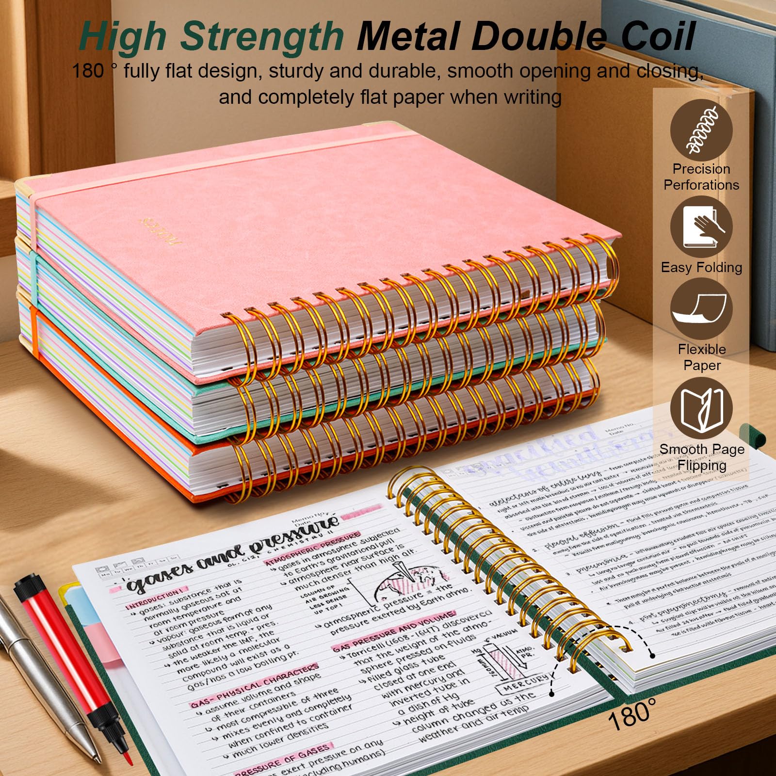 Taccuino a spirale con copertina rigida, 15,7 x 20,8 cm, con linguette e divisori rimovibili, 300 pagine, 5 soggetti, a righe, in ecopelle, per donne, scuola, lavoro (verde)