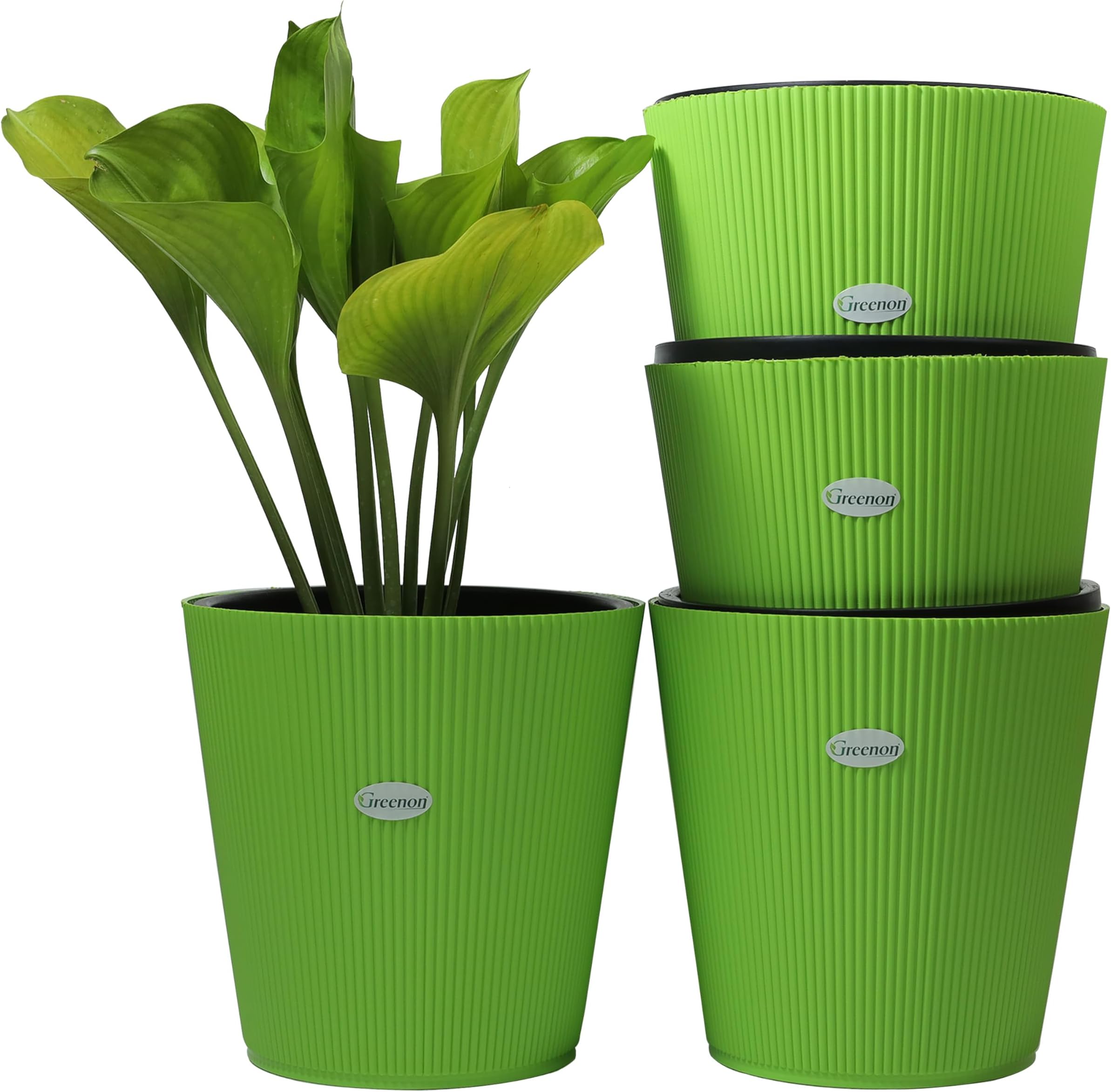 GREENON® 10 Inch Self Watering Plant Pot Set of 4 (8 Pots) | Green Outer & Black Inner Planters | Heavy Duty Virgin Plastic | UV Treated Unfadable Gamla | Ideal for Indoor, Balcony & Home Garden
