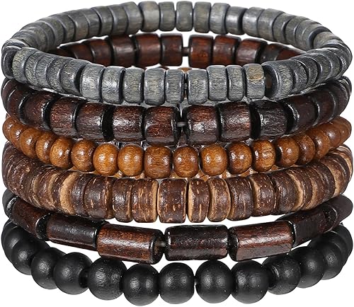 Pulseras de madera con cuentas para hombre, 6 piezas, cuerda elástica ajustable, estilo vintage, multicapa, de cuero trenzado, juego de grunge,