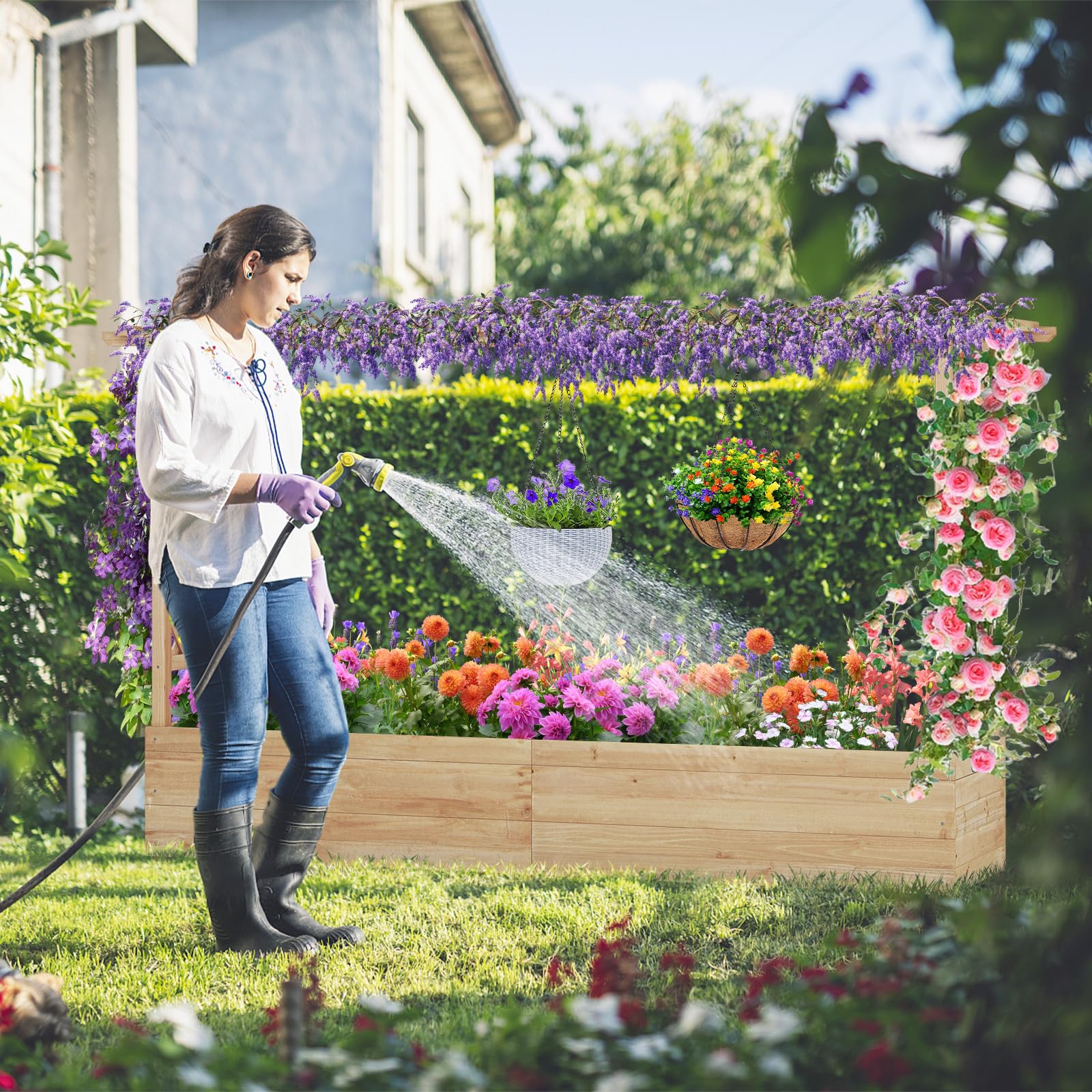 COSTWAY Jardinera Elevado con Enrejado, Techo Colgante, Macetero, Orificios de Drenaje, Contenedor Vertical para Plantas Trepadoras, Macetero de Madera para Jardín Patio (200 x 44 x 114 cm, Natural)