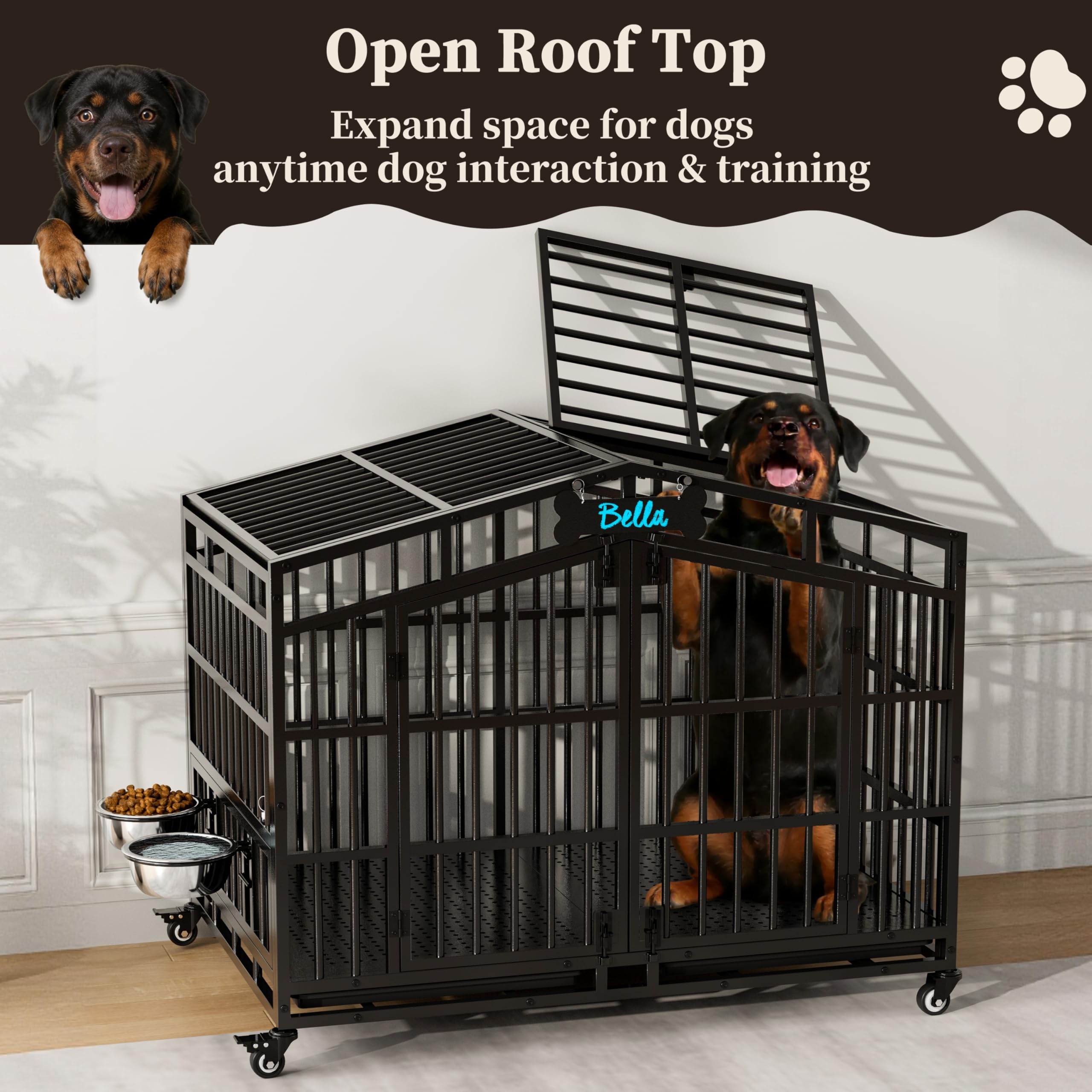 105cm XL Metall Große Hundekäfig Möbel, Extra Dickes Metall Hundebox für Zuhause mit 2 Hunde Näpfen & Namensschild, Offener Oberseite & 360° Rollen, Kau-/Ausbruchsicher - 105x65x88cm