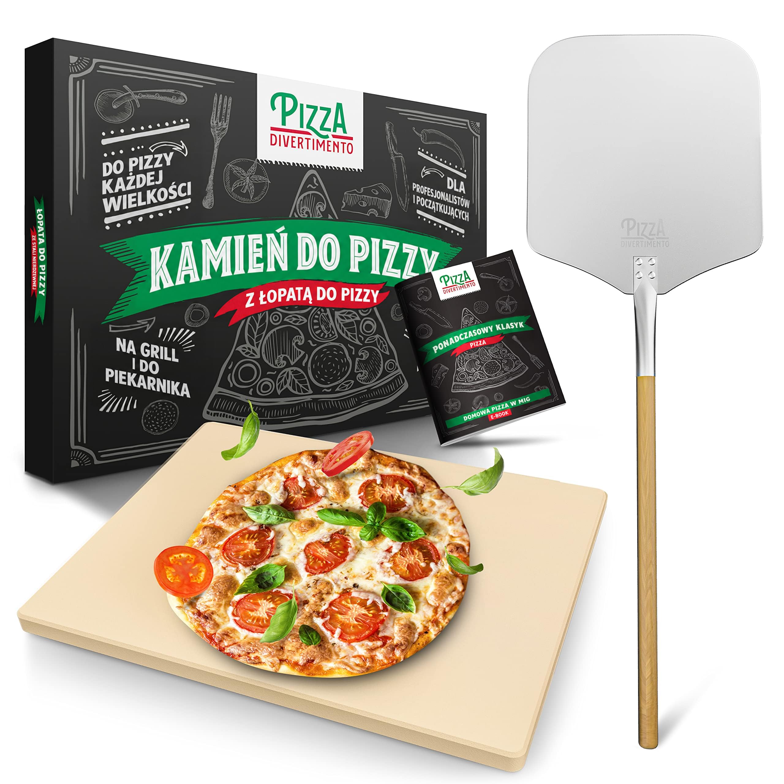 Pizza Divertimento - Oryginalny Kamień do pizzy do piekarnika i grilla gazowego - w zestawie łopatka...