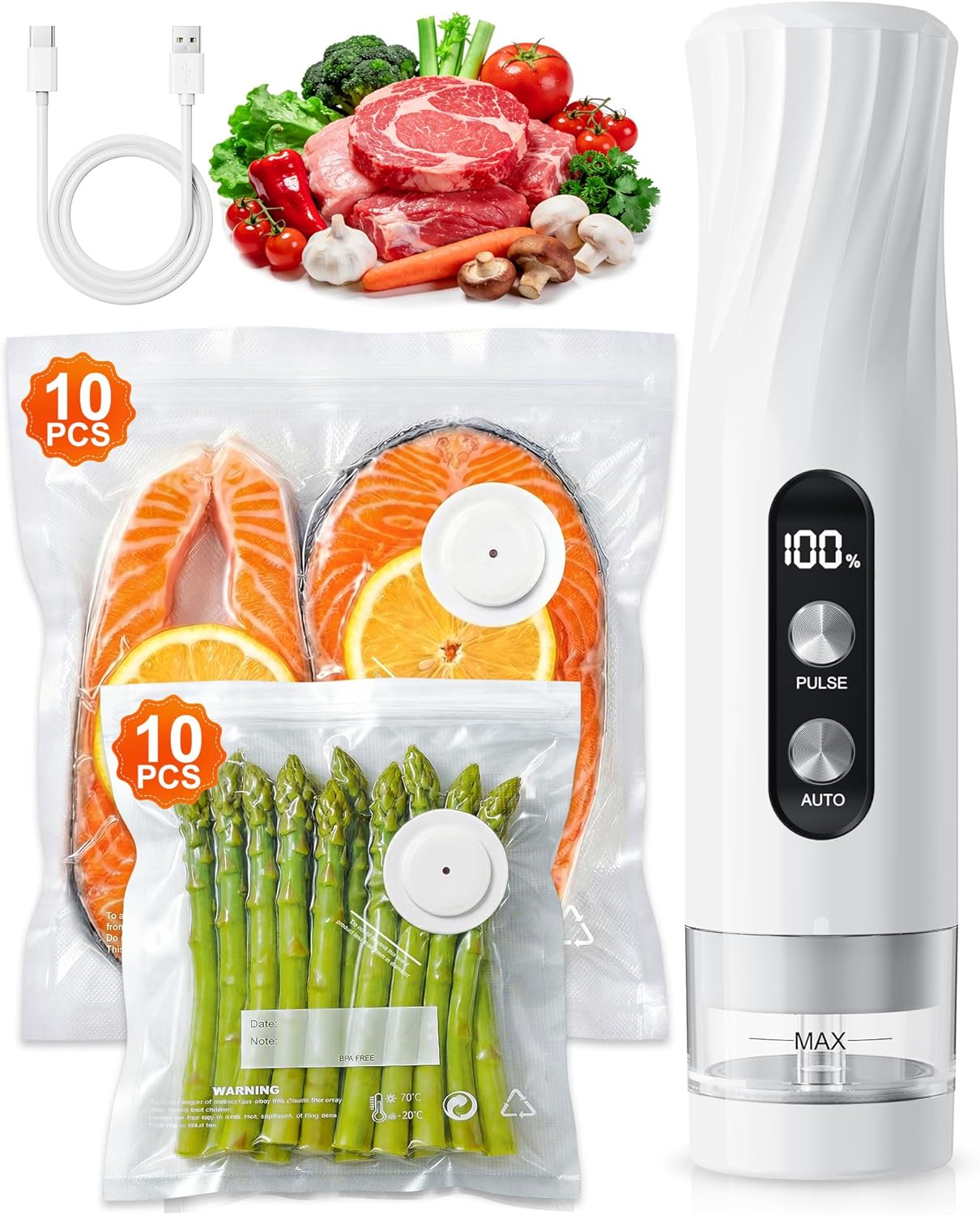 Portable Vacuum Sealer for Food with Visible Water Tank, 60kPa Powerful Handheld Vacuum Sealer Machine, One-Touch Auto Seal & Pulse Mode for Delicate Foods, Includes 20 Reusable Bags