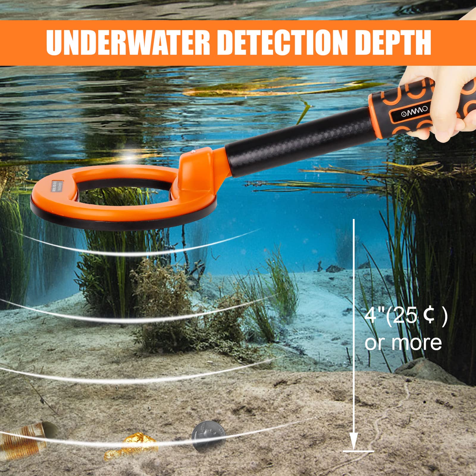 OMMO Metal detector Subacqueo, Metal Detector Completamente Impermeabile, Batteria Ricaricabile Integrata, 3 Modalità Vibrazione e Suono, Allarme Luminoso a LED, Metal Detector per Immersioni