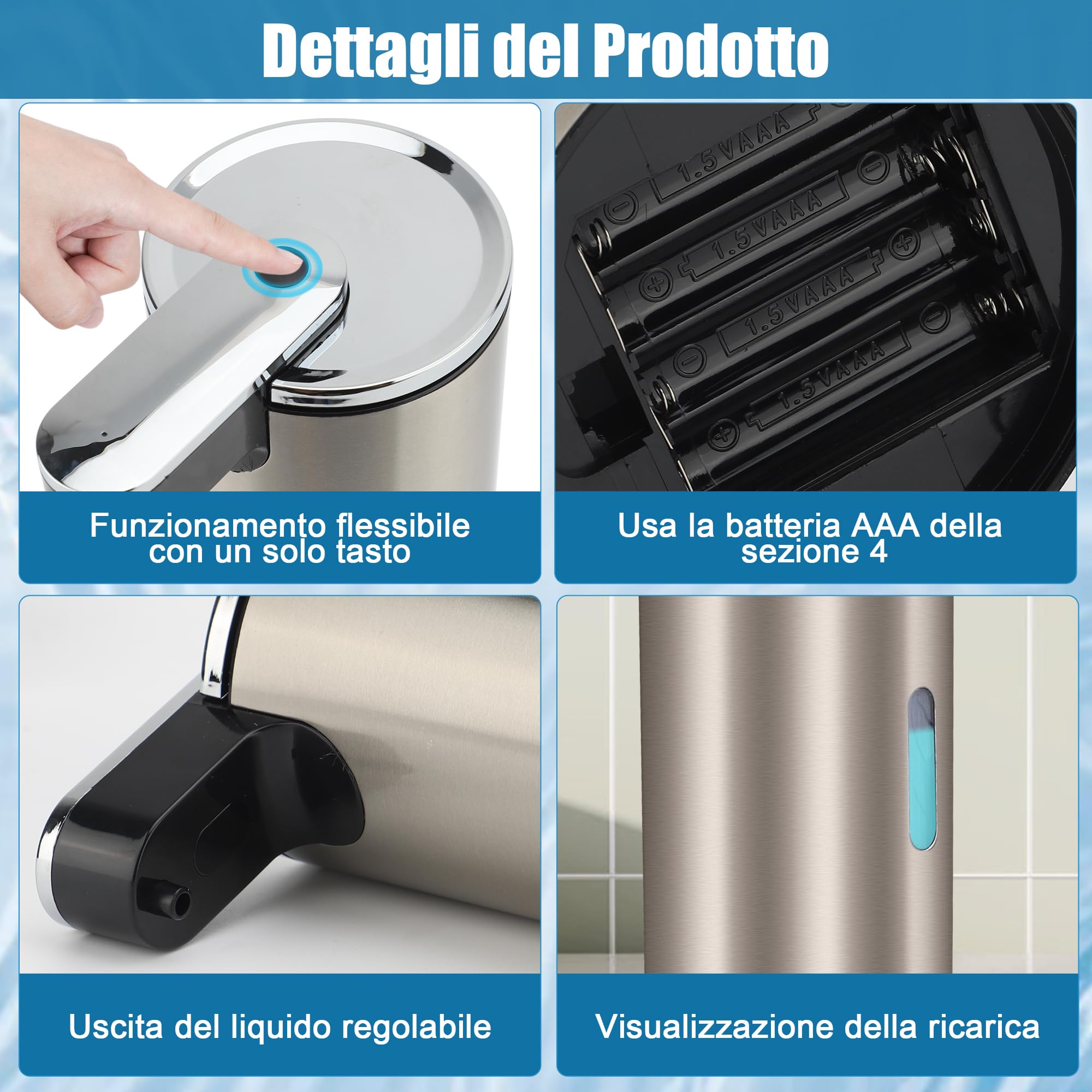 Dispenser Automatico di Sapone 350ML per Bagno | Dispensatore di Sapone per Piatti con 3 Volumi di Sapone Regolabili, Argento