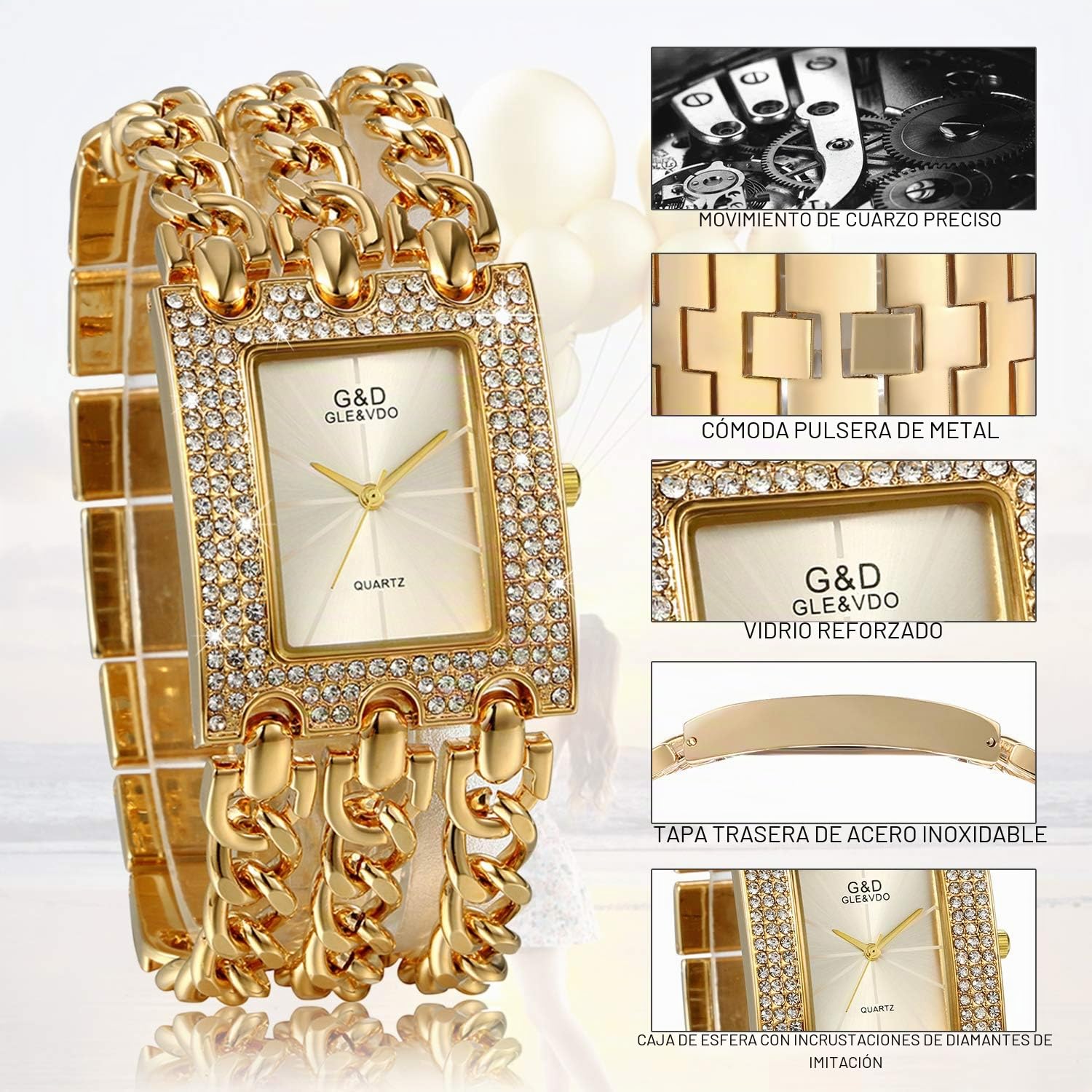 JewelryWe Reloj Cuadrado Diamantes Mujer: Relojes Plata Oro de Cuarzo Analógico Correa de Acero Inoxidable Hip Hop - para Negocios Ocio Regalos