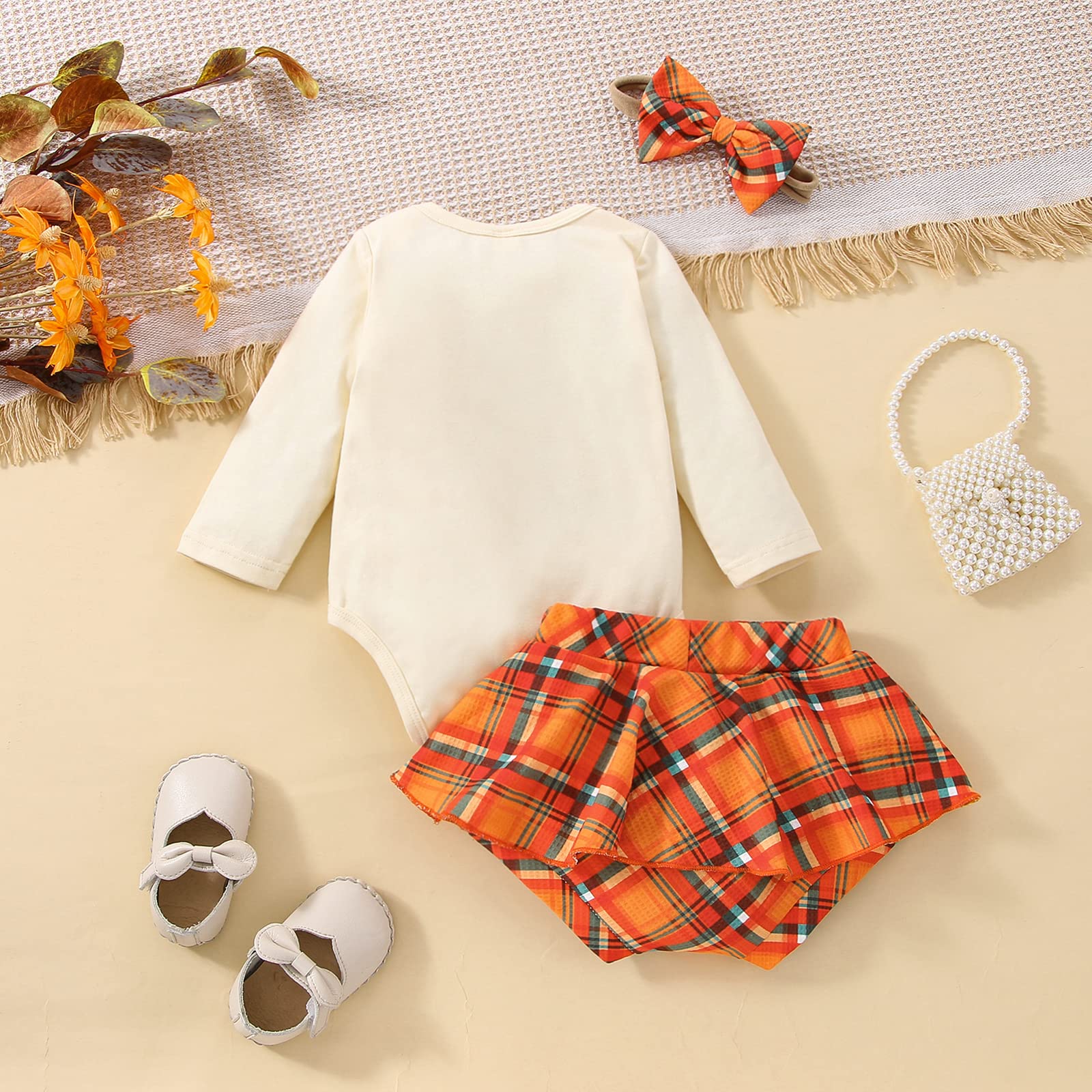 Madjtlqy Baby Girl 3PCS Halloween Clothes Set Pumpkin Letters Printed Short Sleeve T-Shirt + Plaid Shorts + Headband (Cutest Pumpkin, 2-3T)