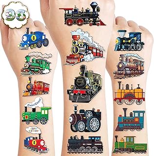 8 Sheets (96PCS) Train Temporary Tattoos – Transportation Birthday Party Decorations Supplies, Train Themed Favors, Pre-Cut Tattoo Stickers for Kids Boys Girls Classroom Prizes (Normal)