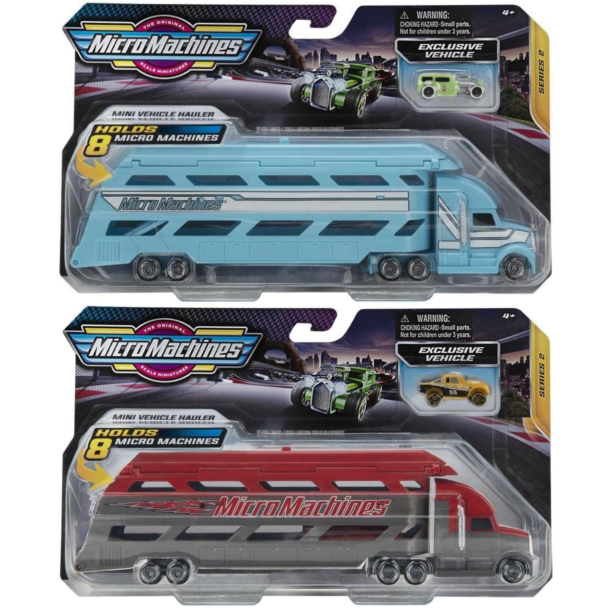 Micro Machines - Mini Vehicle Hauler with 1 Exclusive Vehicle - Red & Blue Haulers
