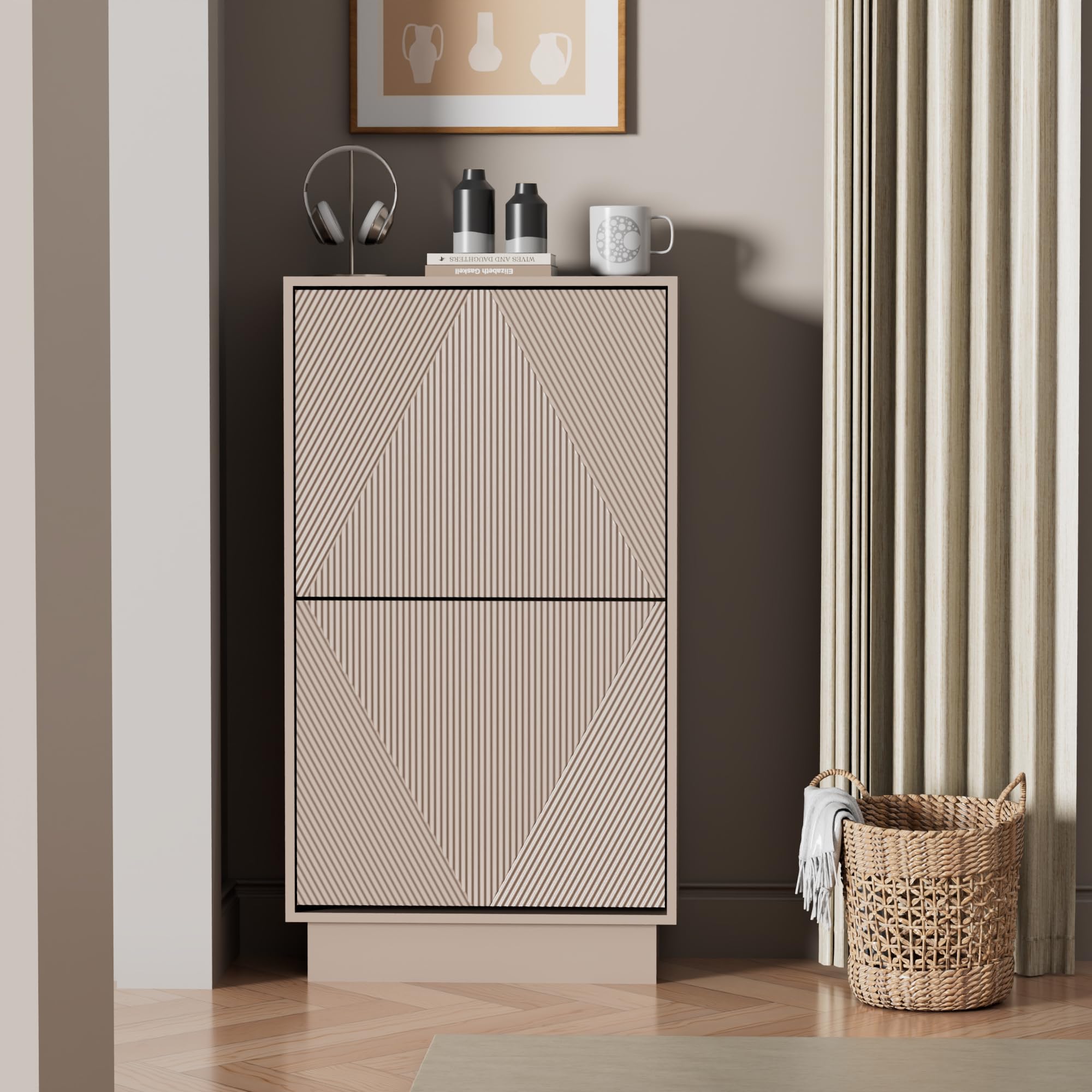 UEV Schuhschrank mit 2 Klappen, Schuhkipper schmal für Flur, Schuhkommode Schuhregal mit Verstellbaren Trennwände & Kippschutz & Drucktüröffner Push to Open, 50x24x91cm (Moka)
