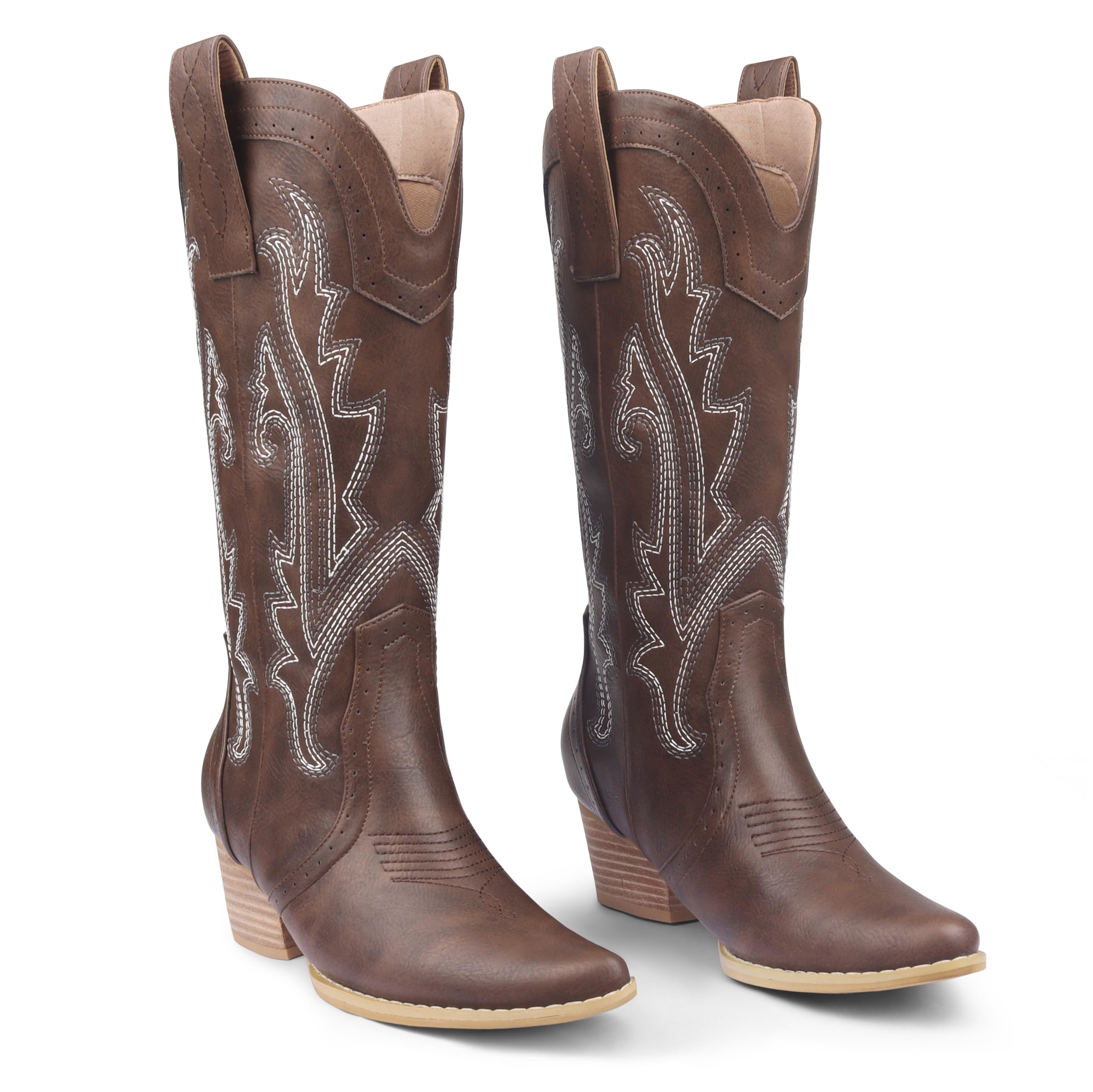 Zzheels Women Mid-calf Cowboy Boots Pointy Toe Boot Embroidered Western Cowgirl Boots Chunky Heels