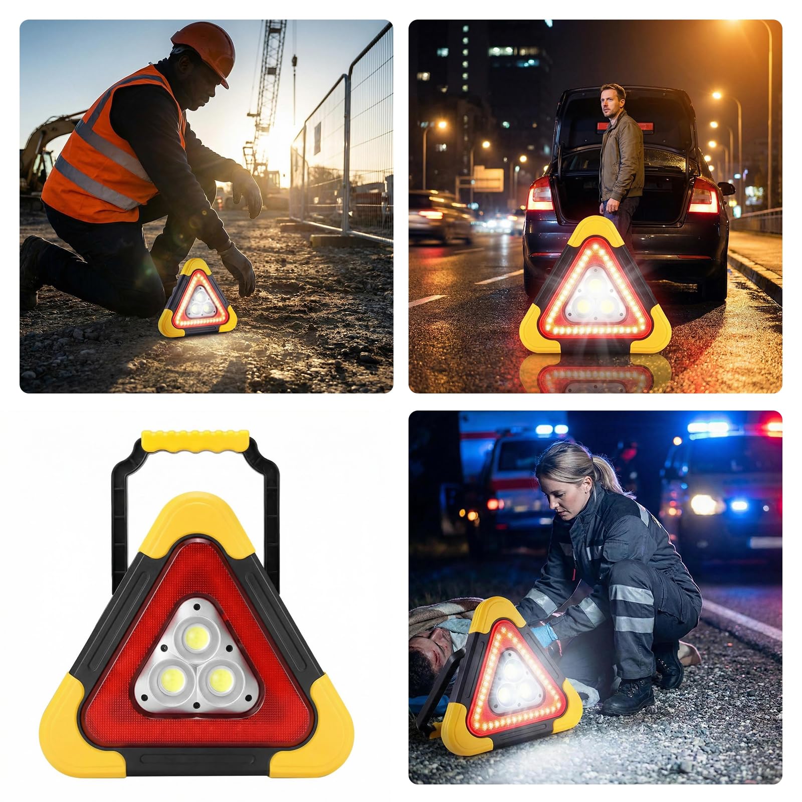 Triangolo di Emergenza per Auto XL 27cm – 1500 Lumen, LED COB+36 LED, Ricaricabile Solare/USB, 3 modalità, IP65 Impermeabile, per Avviso Guasto, Sicurezza Stradale