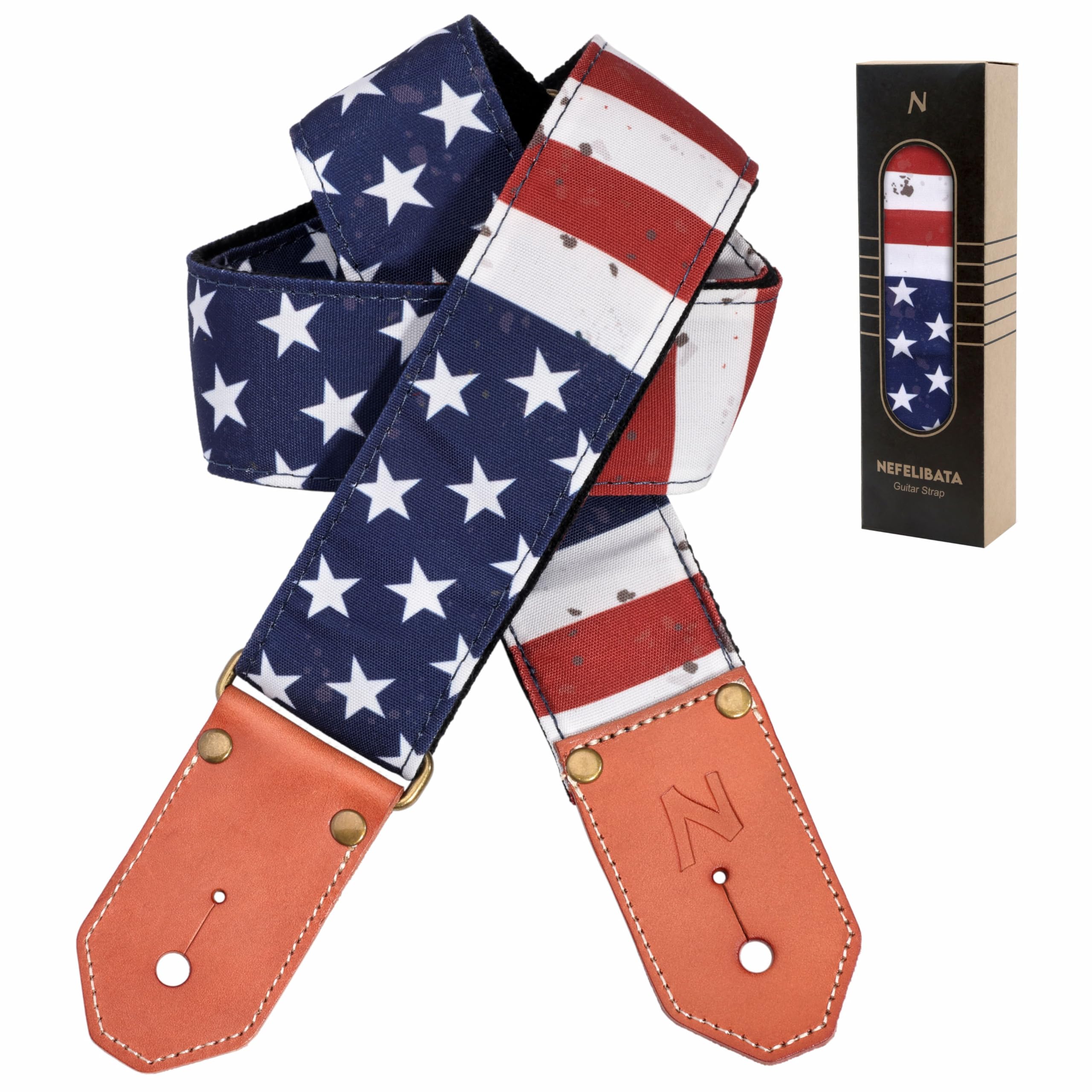 Nefelibata Guitar Strap Cotton with Thicked First Layer Vegetable Tanned Cowhide Leather Ends for Acoustic, Bass, Electric Guitar, Gift for Your Love Guitarists