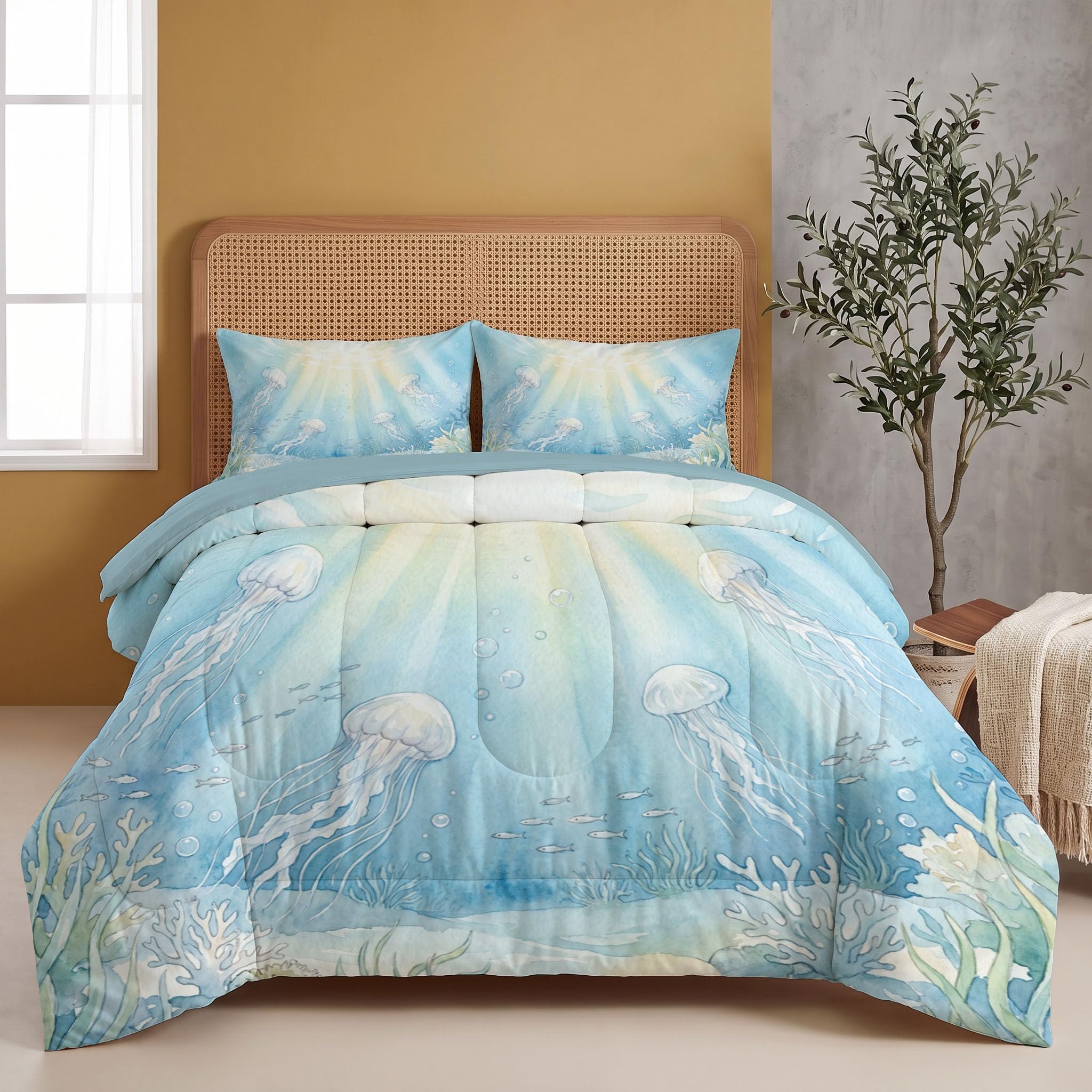Himmelblau Bettdecke 140X200 cm 4 Jahreszeiten, Verträumter Ozean Wende Steppdecke Waschbare | Quallen Seetang Bettdecke Ohne Bezug, Schlafdecke Leicht Weiche Ganzjahresdecke