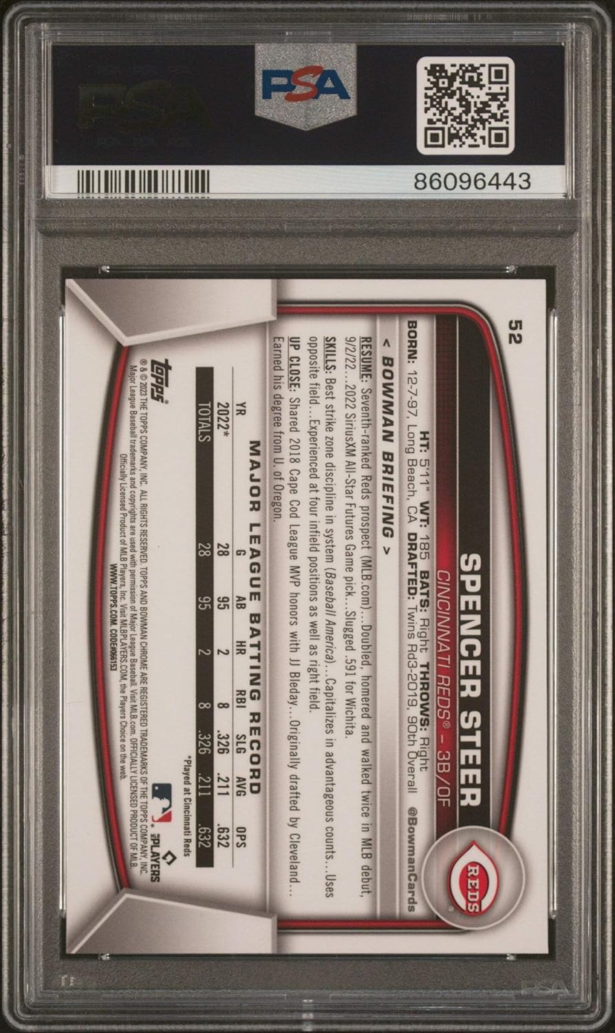 Graded 2023 Topps Bowman Chrome Sapphire Edition Spencer Steer #52 Rookie RC Baseball Card PSA 10 Gem Mint