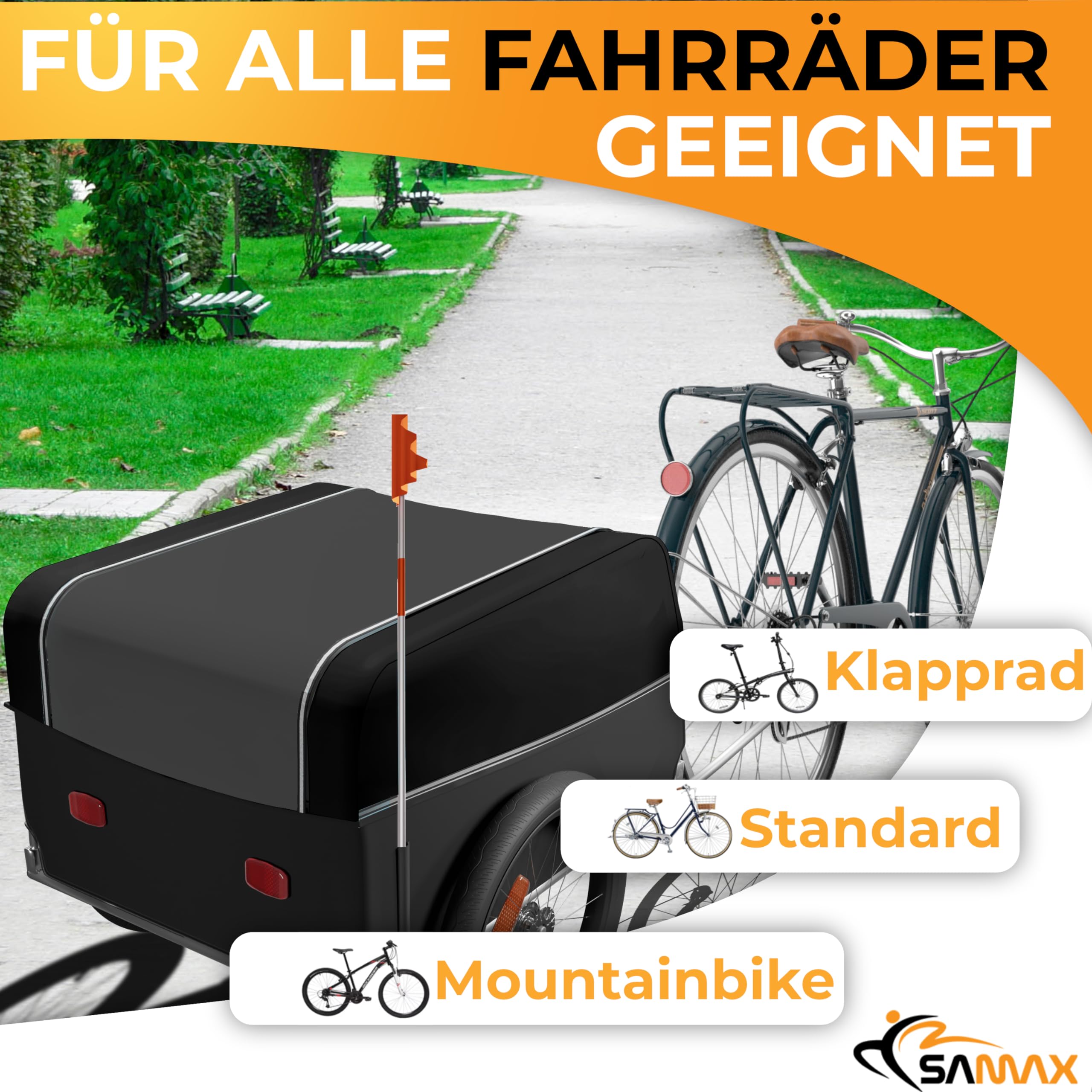 SAMAX Remorque de Vélo Chariot de Transport Haute Traction 40 Kg 120 L Noir Gris