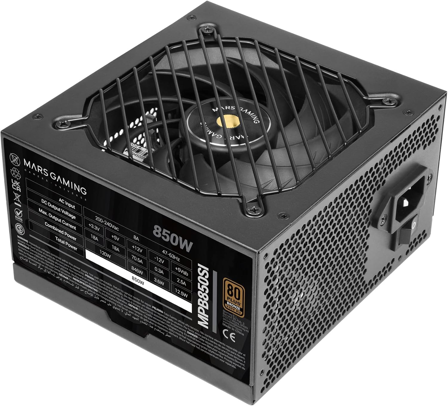 Mars Gaming MPB850SI, Fuente Alimentación PC ATX 850W, 7 Años Garantía, 80Plus Bronze 230V, 90% Eficiencia, Ventilador SI Extreme Silence con Núcleo de Cobre, Tecnologías AI2-RPM, DC-DC y SMD, Negro