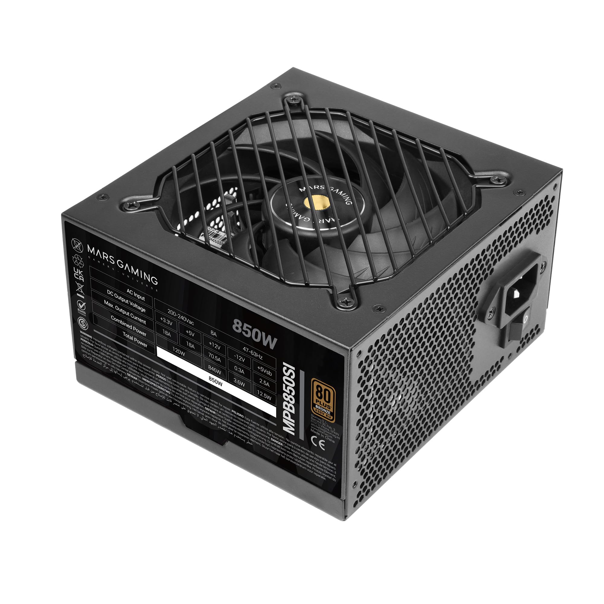 Mars Gaming MPB850SI, Alimentation PC ATX 850W, Garantie 7 Ans, 80Plus Bronze 230V, 90% d'Efficacité, Ventilateur SI Extreme Silence avec Noyau en Cuivre, Technologies AI2-RPM, DC-DC et SMD, Noir