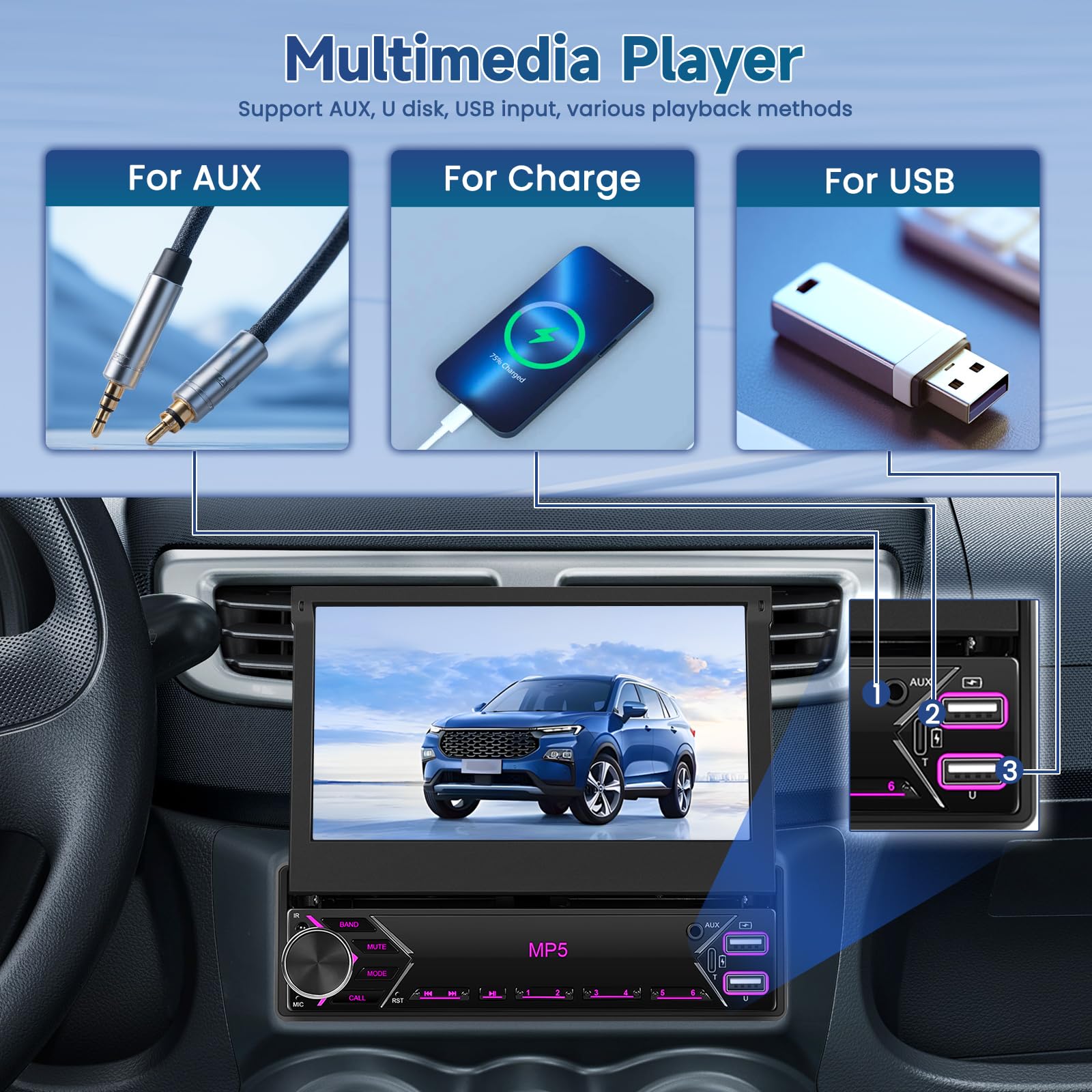 FM RDS 1 Din Autoradio Wireless Carplay Android Auto, Retractable Écran Tactile 7 Pouces Poste Radio Voiture Bluetooth, EQ, Mirror Link, Caméra de Recul, MIC, AUX, USB