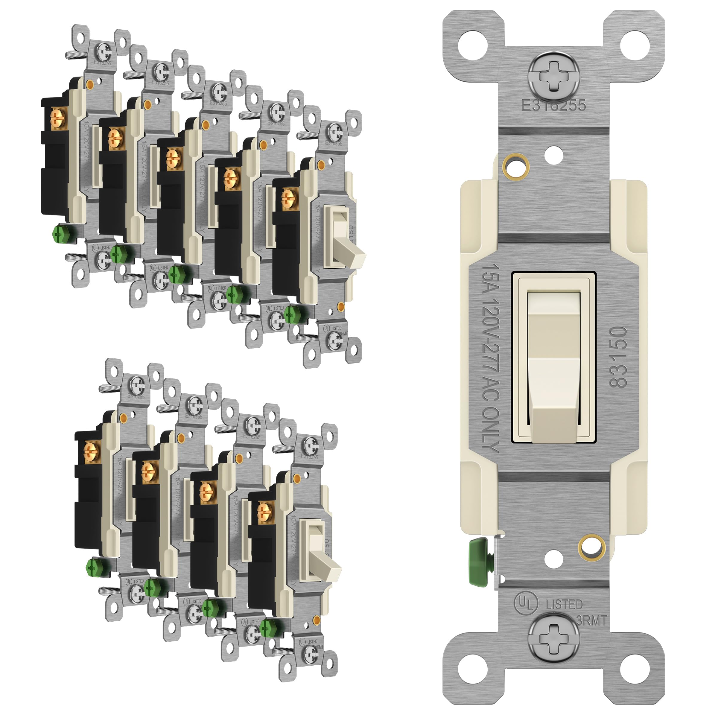 ENERLITES Toggle Light Switch, 3-Way or Single Pole, 15A 120-277V, Grounding Screw, Residential Grade, UL Listed, 83150-LA-10PCS, Light Almond (10