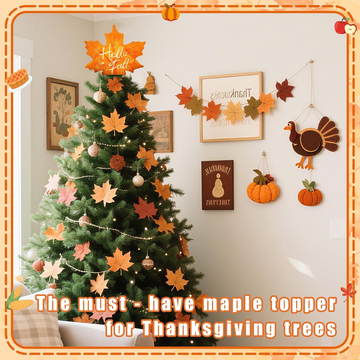 Hello Fall Maple Leaf Tree Topper for Autumn Thanksgiving Decor