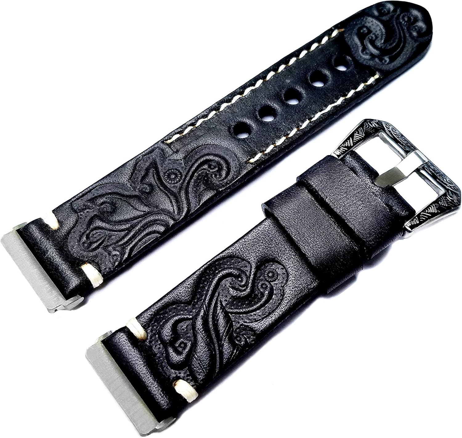 Embossed Black and Gray Genuine Leather Band Compatible with Fitbit Versa 3 and Sense Smartwatch Luxury Tooled Strap Bracelet