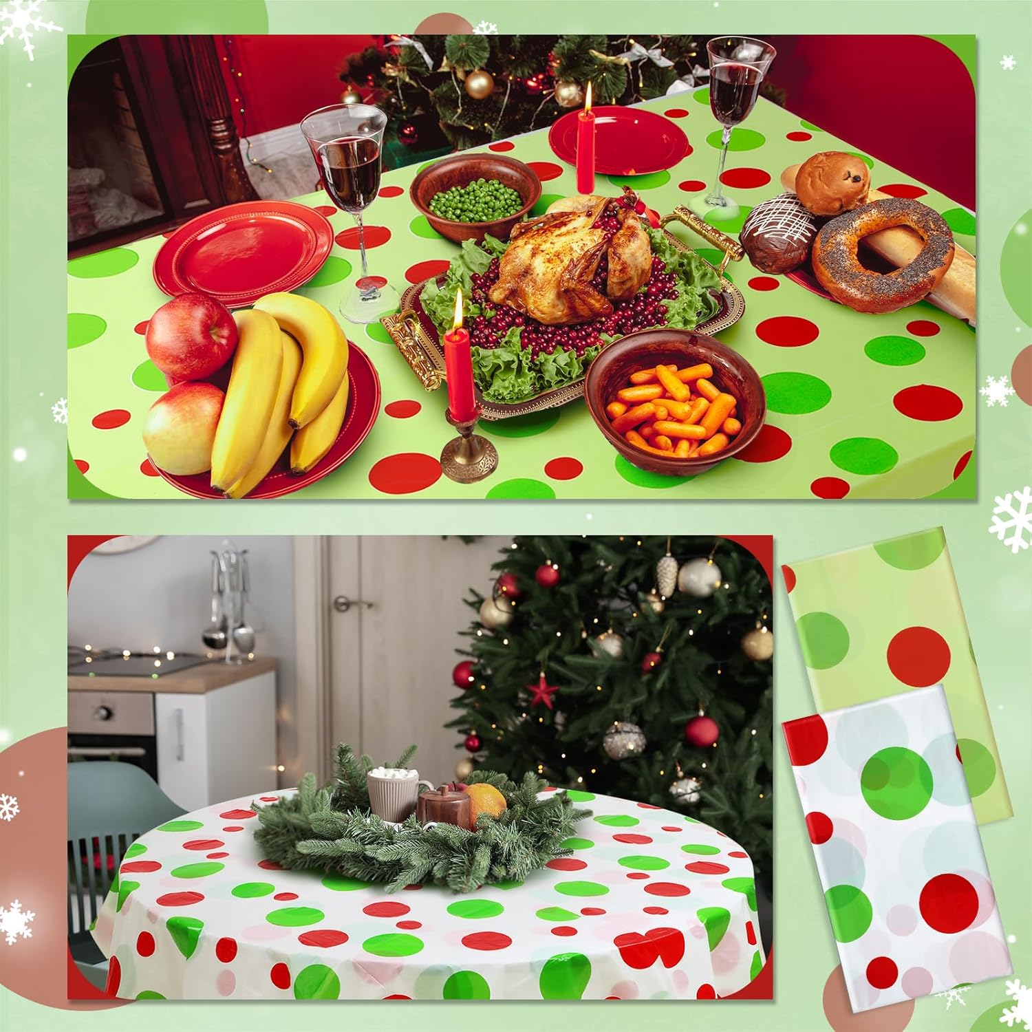 Ganeen 12 Pcs Red and Green Christmas Disposable Tablecloth Plastic Christmas Rectangle Polka Dot Tablecloth Xmas Party Decoration 54 x 108 in Xmas Disposable Table Cover for Holiday Birthday Party